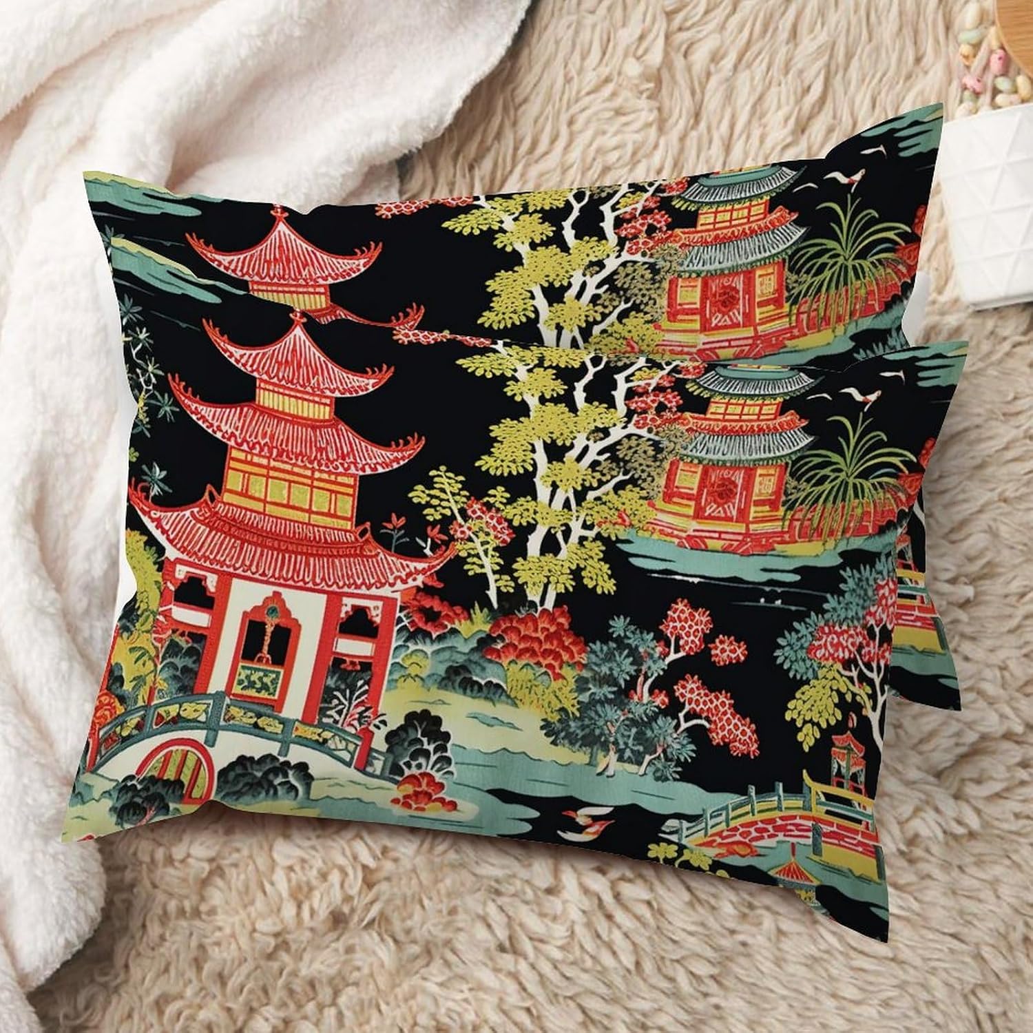 Chinoiserie Charcoal Coral Pagoda Lumbar Cushion Cover Set of 2 Traditional Chinese Throw Pillow Cover 20x30in Cotton Linen Culture Cushion Cover for Sofa Bed Couch Chair Patio