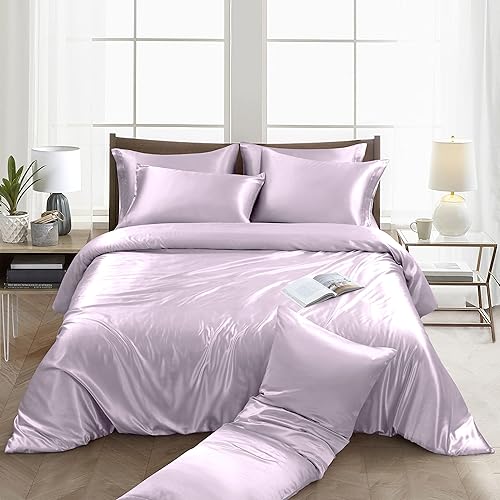 Miniatura 5 de Ersmak Juego de funda de edredón de satén de 6 piezas tamaño matrimonialqueen, juego de funda de edredón sedosa de lujo con 1 funda de edredón