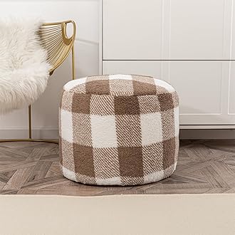 Round Pouf Ottoman 20" x 20" x 14"Inches Boho Poof Home Decor Floor Pouffe Ottoman Foot Rest for Couch Sofa Bean Bag Chairs Living Room Bedroom (Coffee Checked)