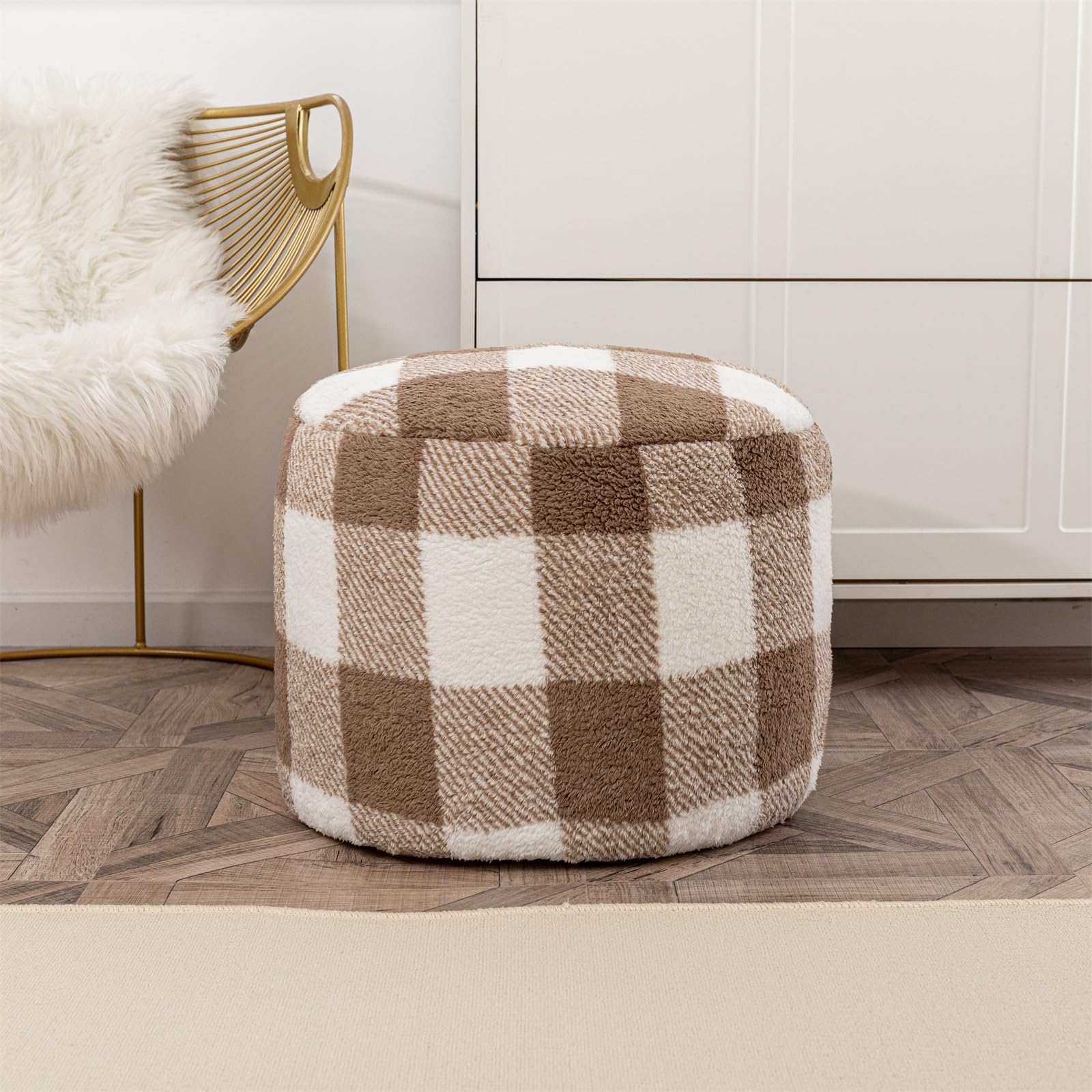 Round Pouf Ottoman 20" x 20" x 14"Inches Boho Poof Home Decor Floor Pouffe Ottoman Foot Rest for Couch Sofa Bean Bag Chairs Living Room Bedroom (Coffee Checked)