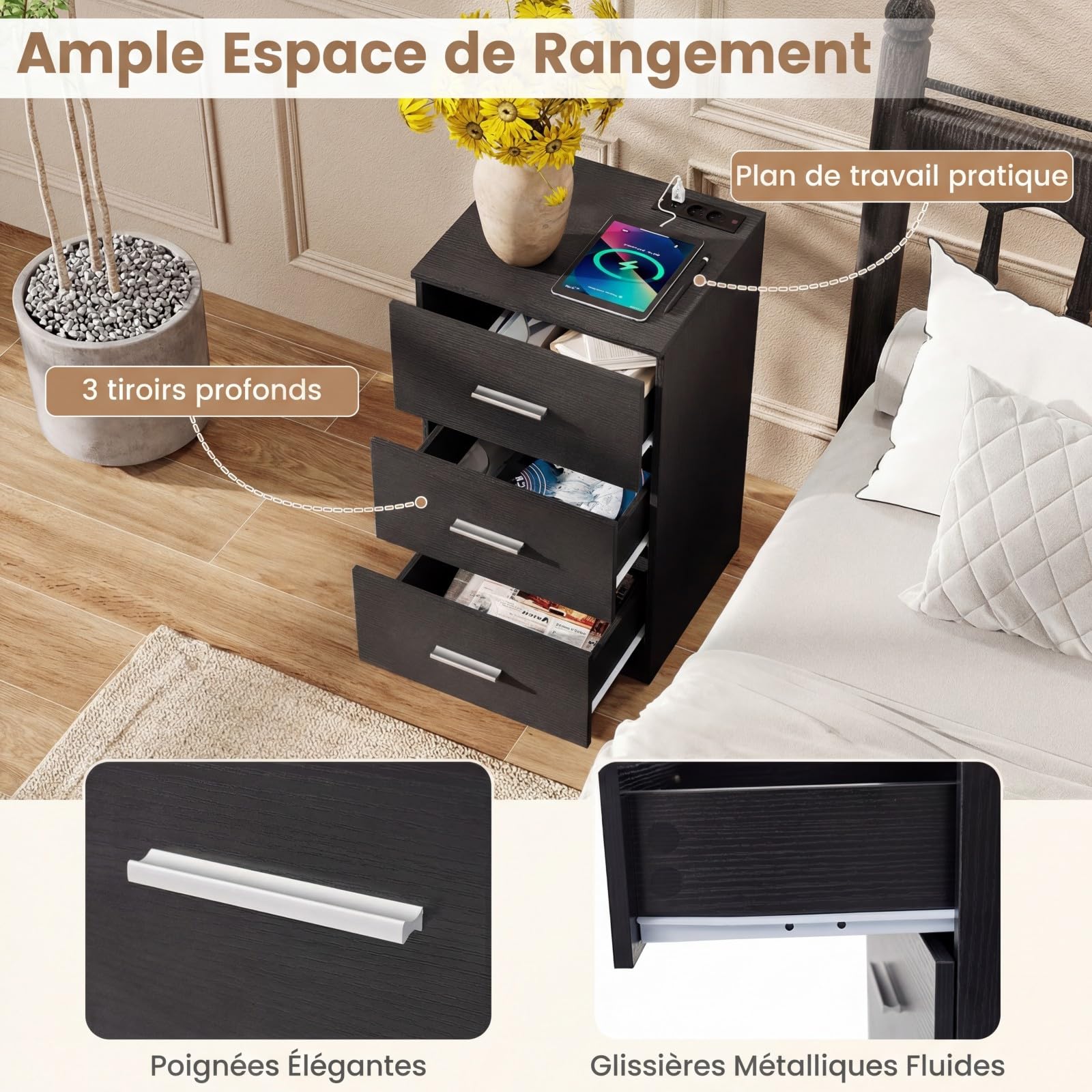 COSTWAY Table de Chevet avec Prise, Table de Nuit 3 Tiroirs, Commode Chambre Bois avec Poignée, Meuble Tiroir Rangement pour Bureau, Salon, 38 x 35 x 66 CM (Noir)