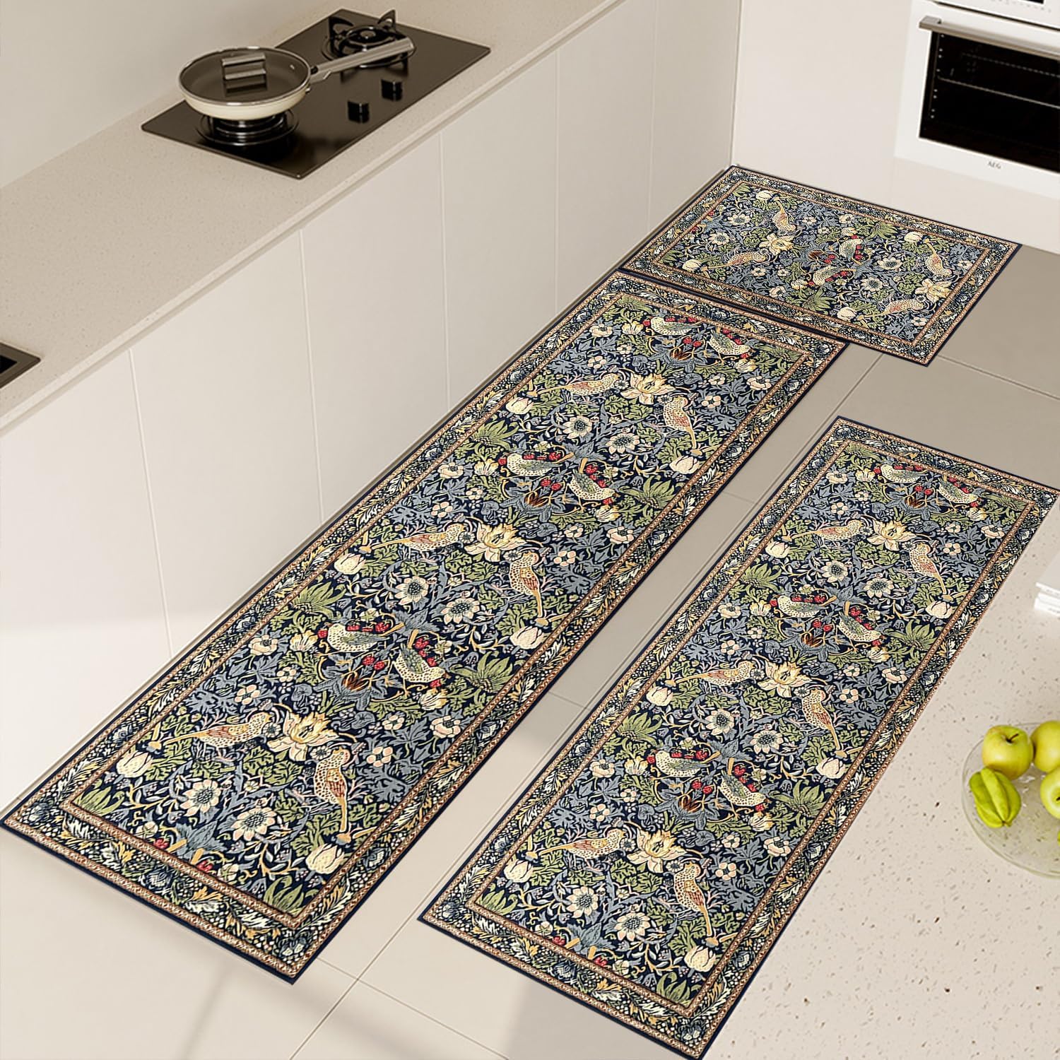 William Morris Rugs Vintage Floral Botanical Rug Dark Academic Rugs Red Strawberry Thief Floral Mat with Border Line for Home Decor,Living Room Guest Room Boho Area Rug 20x32+20x47+20x59 In
