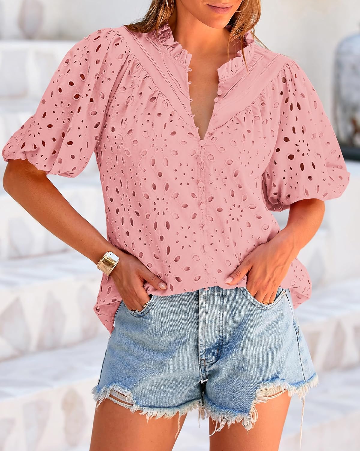 BTFBM Womens Blouses Summer Hollow Out Eyelet Embroidery Tops V Neck Buttons Puff Sleeve Boho Shirts Spring Fashion 2026 - Image 8