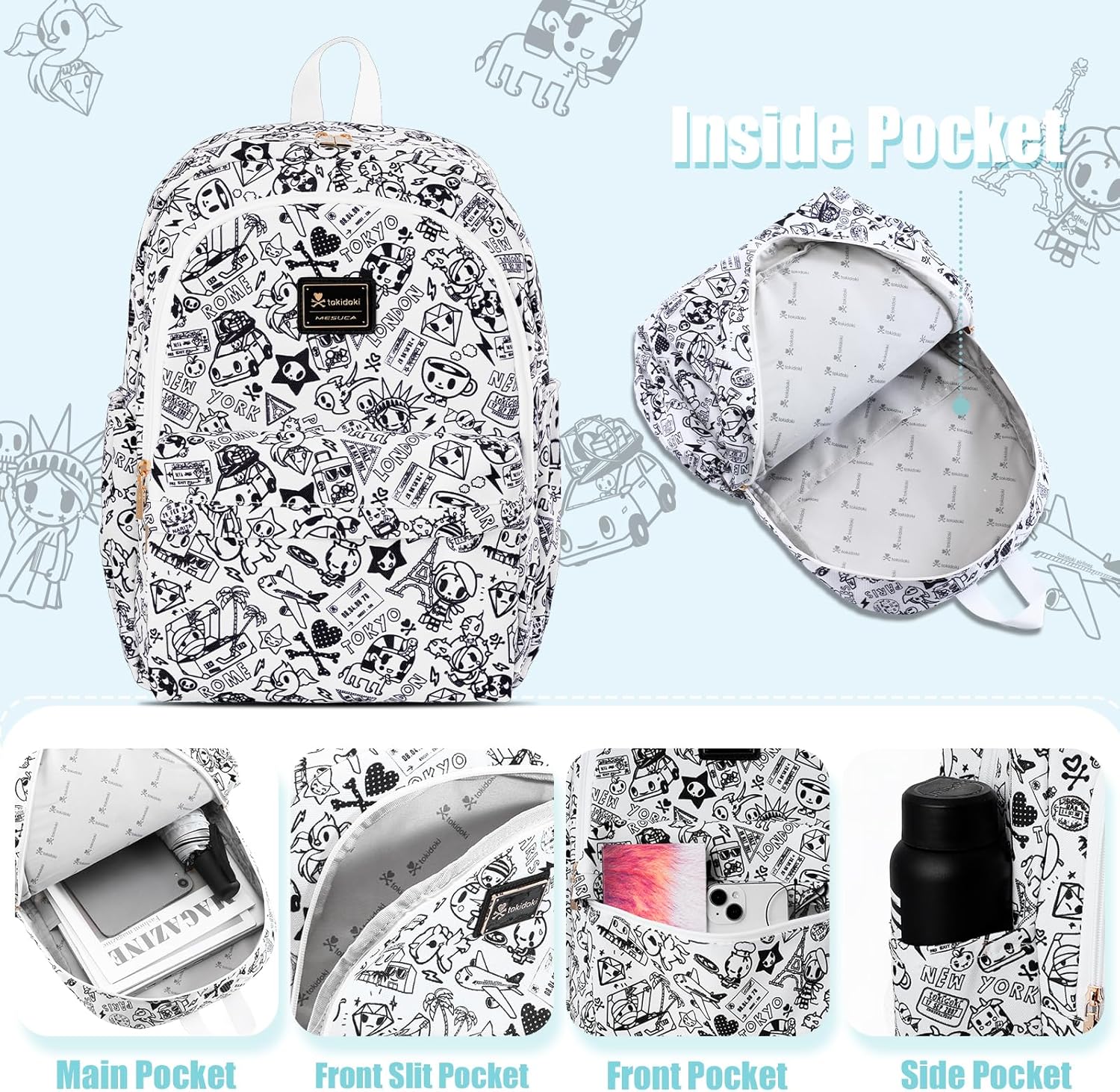 Tokidoki Unicorno Backpack Cute Travel Laptop Backpack for Women Casual Bookbags Lightweight Cloth Canvas Backpack School Bag Daypack Handbag (Black & White) - Image 3