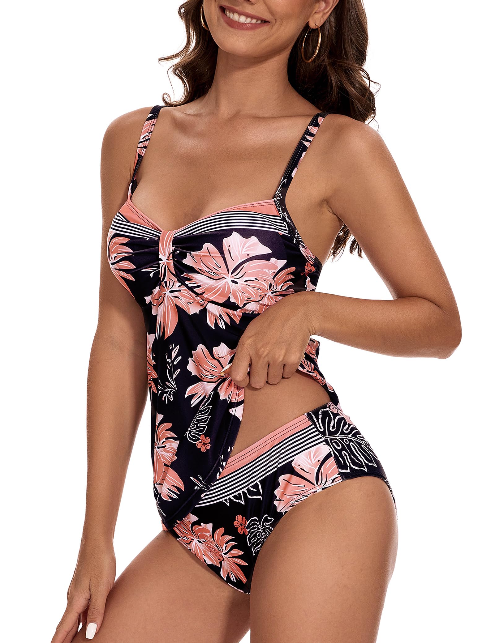 Aottori Maillot de Bain Femme 2 Pièce Tankini Imprimé Rembourré Maillot avec Short Maillots de Bain Push Up Bikini Rayures Rembourré Beachwear