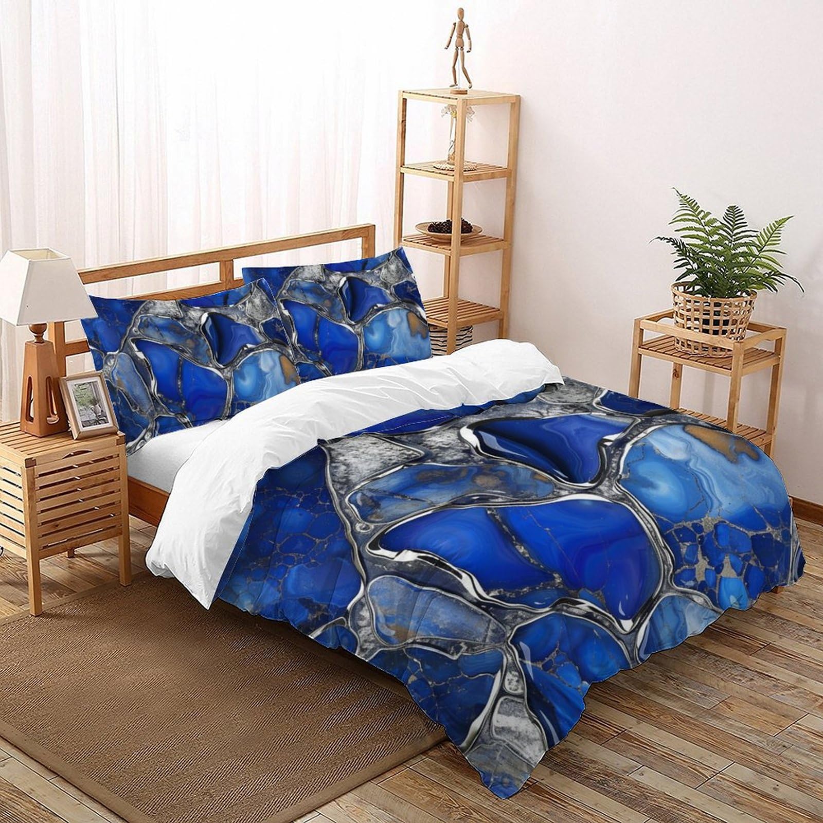 Housse de couette bleu argent marbré en microfibre 260x220 cm avec taies d'oreiller