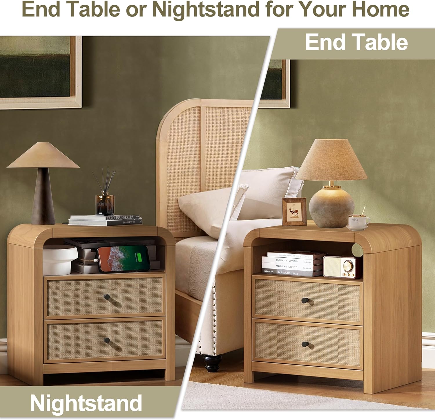 Oak&Sparrow Rattan Nightstand Set of 2, 23.6'' Rattan End Table with Ample Storage, Boho Nightstand with Charging Station, Thickened Curved Profile Design, Oak Nightstands for Living Room, Bedroom 2 Pieces Natural Oak