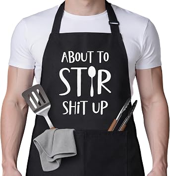 Leebbsin Funny Aprons for Women Men, About to Stir Sh*t Up Novelty Gifts | Gag Kitchen Cooking Apron w/Pockets for Mom Dad Wife Husband Friend, Grilling Baking BBQ Present for Birthday Christmas