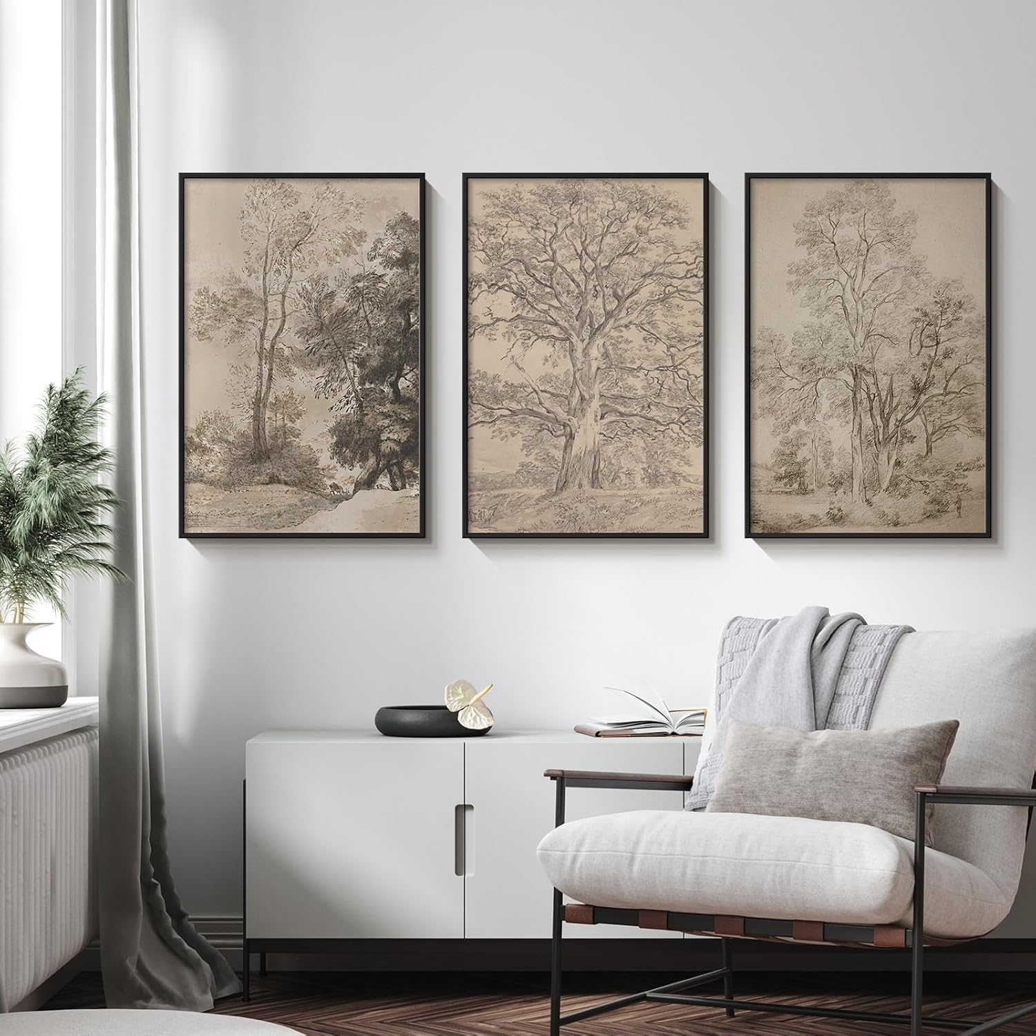 ARPEOTCY 3 Pcs Oversized Framed Canvas Wall Art, Large Vintage Wall Art for Living Room Bedroom Office, 24x36inch Sketch Forest Landscape Home Decor, Retro Rustic Farmhouse Painting