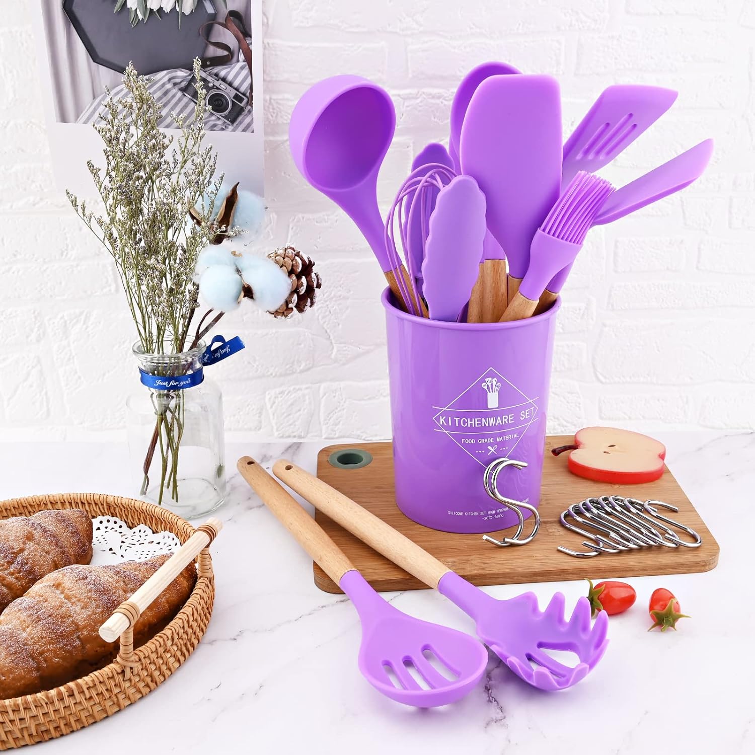 11pcs Purple Silicone Cooking Utensil Set with Holder Storage Bucket, Nonstick Wooden Handle Silicone Kitchen Gadgets Utensils Set Spatula Sets