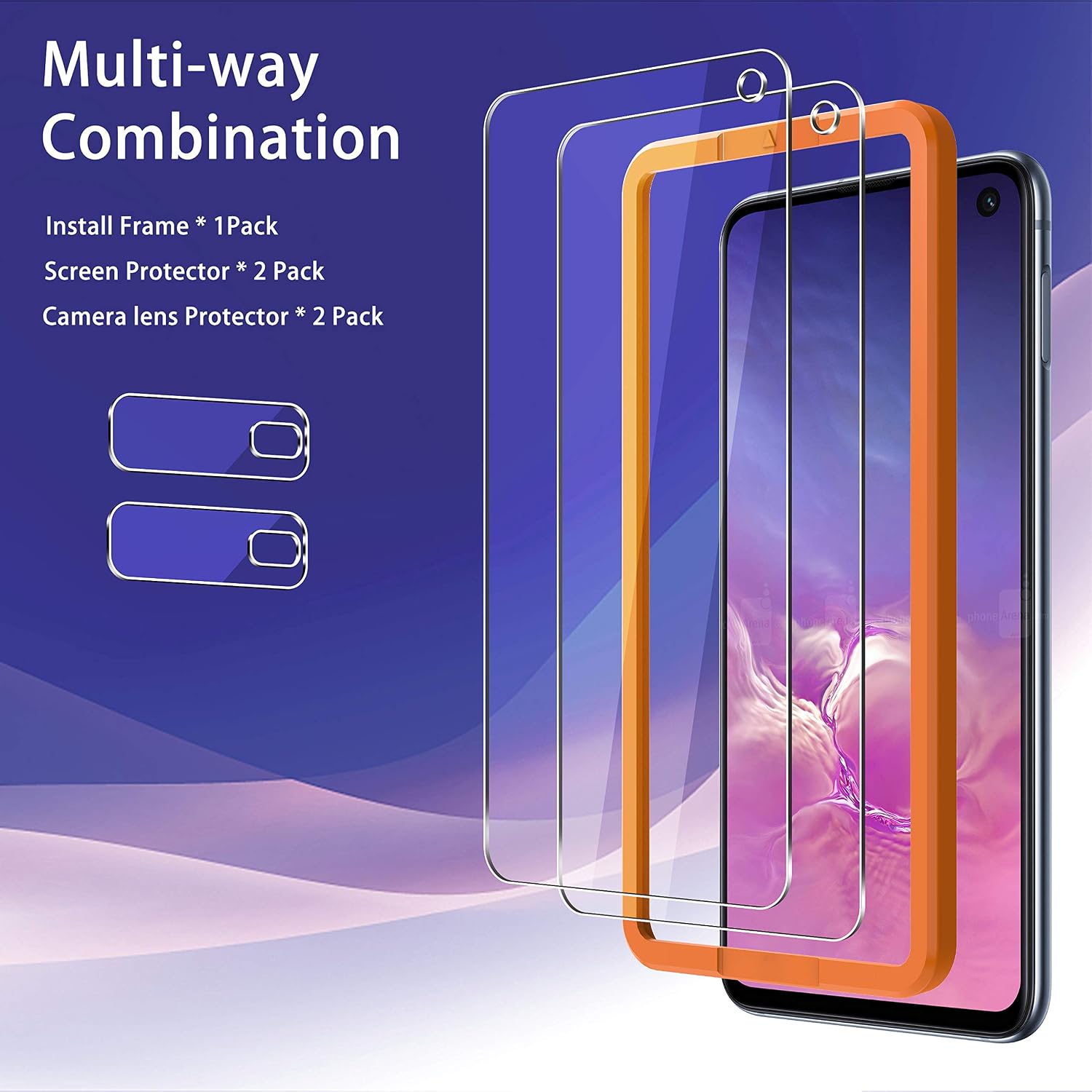 UniqueMe [ 2+2 Pack for Samsung Galaxy S10e 2 Pack Screen Protector and 2 Pack Camera Lens Protector Tempered Glass [Case Friendly] [Alignment Frame Easy Installation] HD Clear Anti-Scratch Film