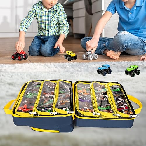Miniatura 8 de CURMIO Estuche de transporte compatible con camiones Monster Jam, bolsa portátil a escala 164 Monster Truck con capacidad para 34 autos de juguete