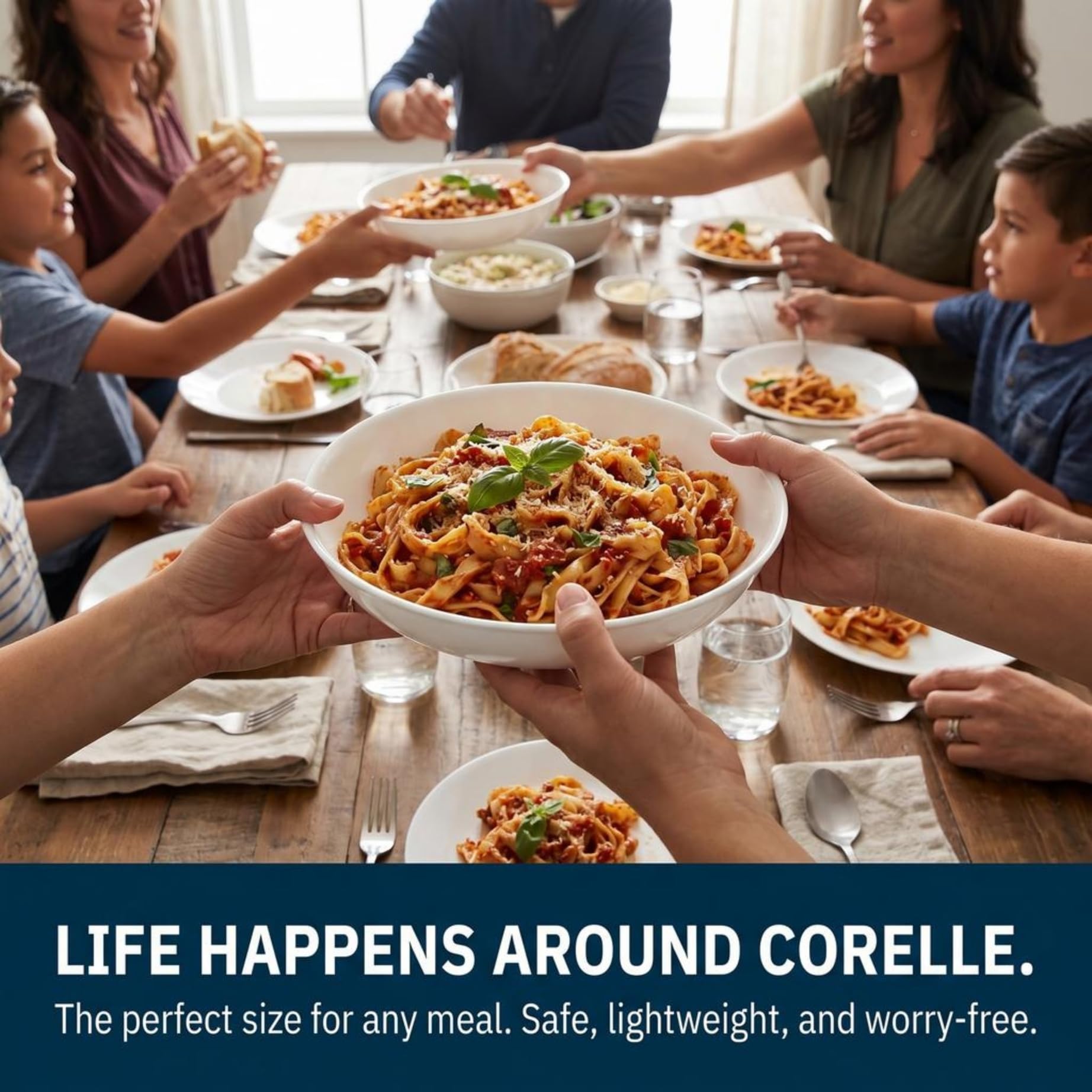 Corelle Vitrelle Lot de 4 grands bols à repas en verre de 850,5 g pour 4 personnes, ensemble de bols compacts empilables pour salade et pâtes, passe au micro-ondes et au lave-vaisselle, blanc