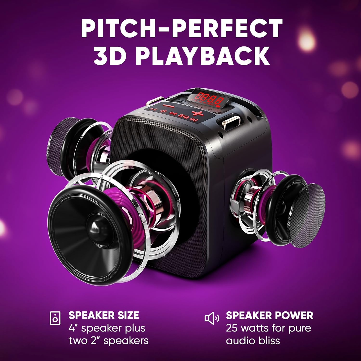 Diagram showing the internal speaker configuration of the MASINGO Cantando C2, with a large front speaker and two smaller side speakers.