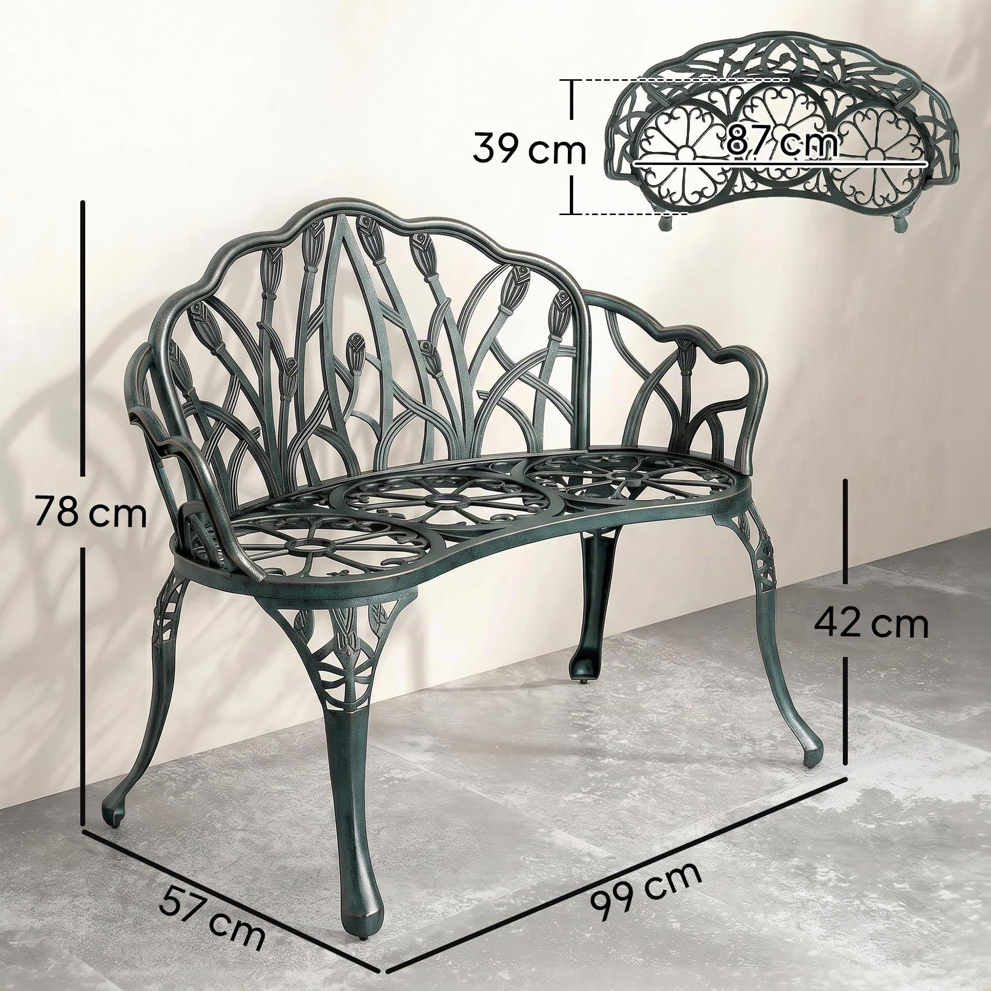 Outsunny Banc de Jardin en Aluminium Moulé 99 x 57 x 78 cm Vert Antique