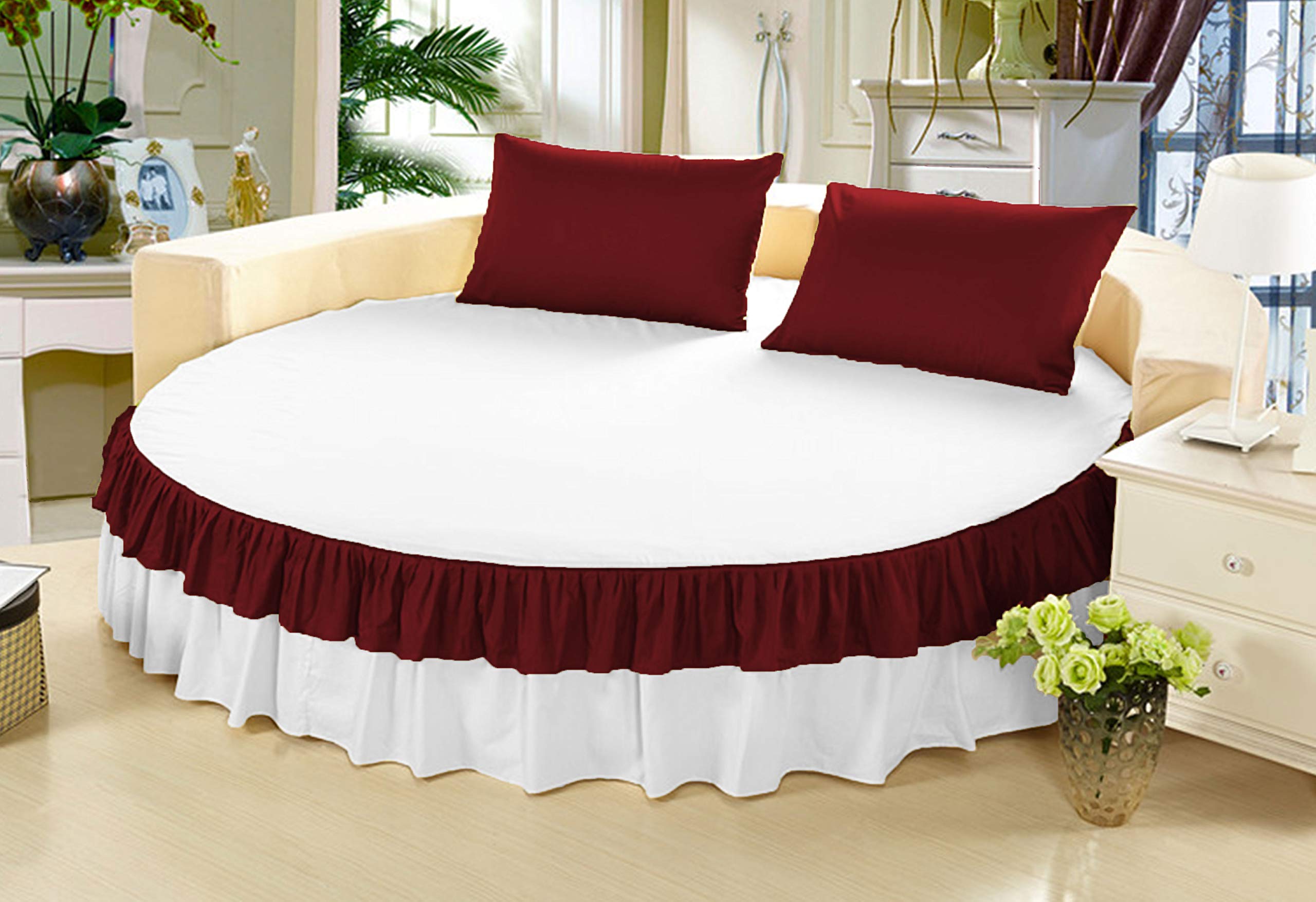 Falda de cama redonda en algodón egipcio 600 TC bicolor vino y blanco lujo de 203 cm