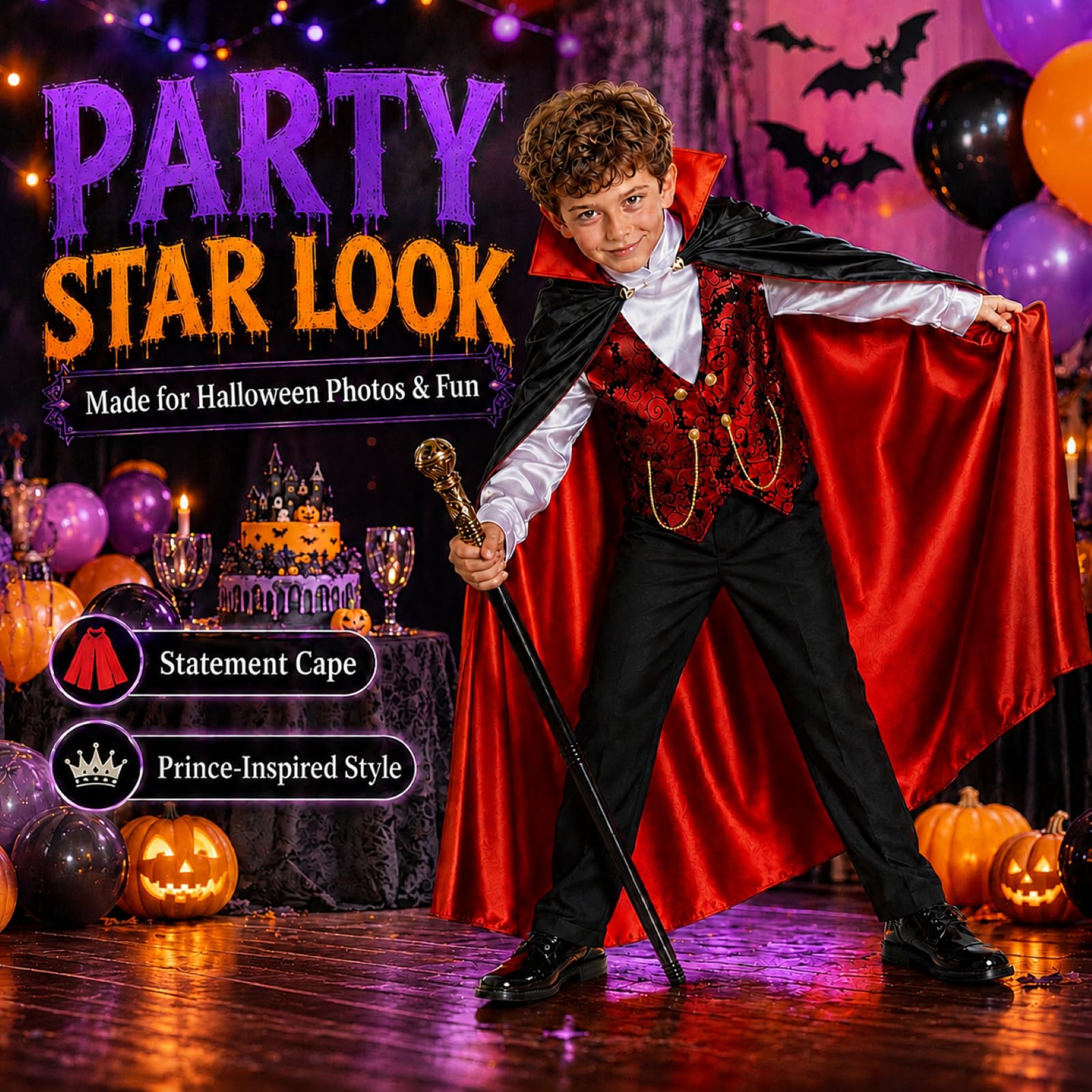 Kostium Wampira dla Chłopców 3 4 5 6 7 8 Lat, Halloween strój do gry roli 3-5 5-8, prezent Halloween z płaszczem, kamizelką, spodniami i berłem, Mały