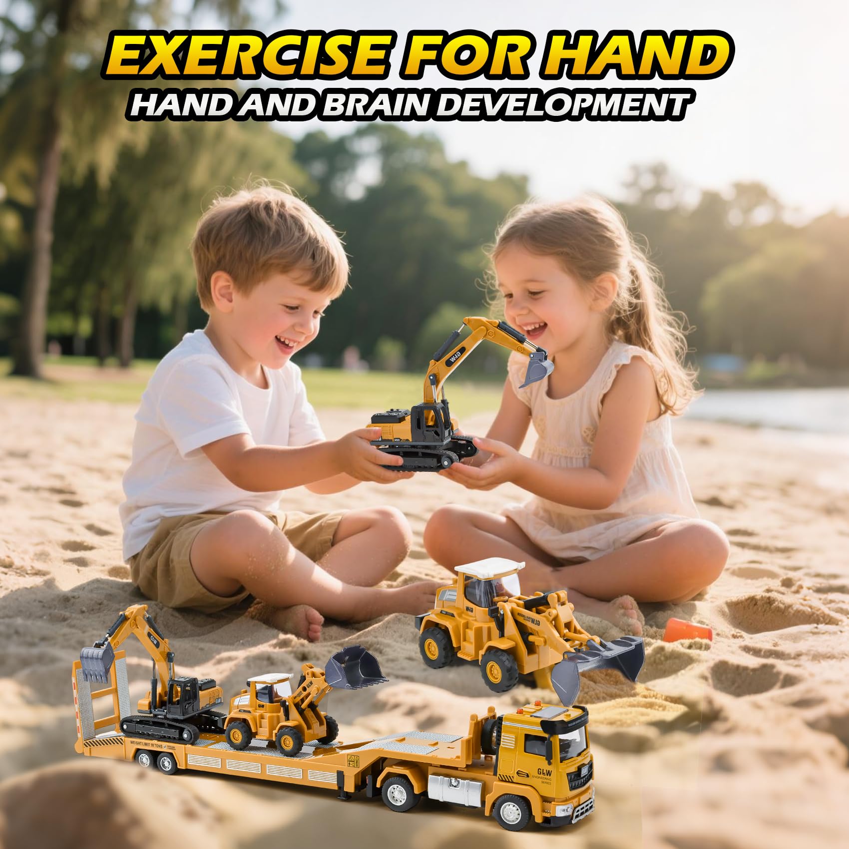 Chantier Jouet Enfants, Camion Transporteur de Petites Voitures avec Excavatrice Bulldozer, Transporteur Véhicule, Camion Dépanneuse Enfant, Jeux Voiture Garçon pour Garçon 3 4 5 6 7 Ans