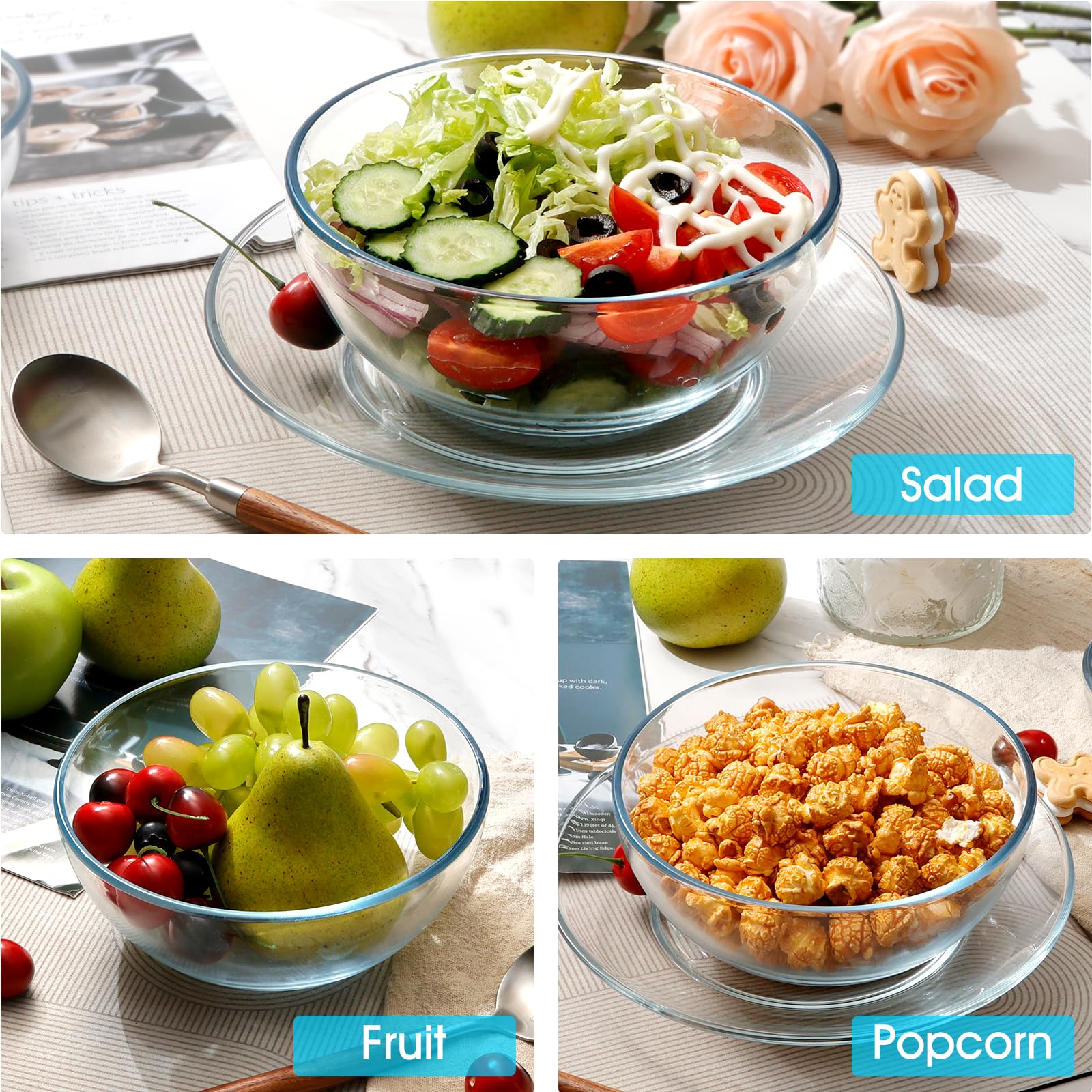 NUTRIUPS 7 Inch Medium Glass Prep Bowls, 37oz Glass Bowl Set