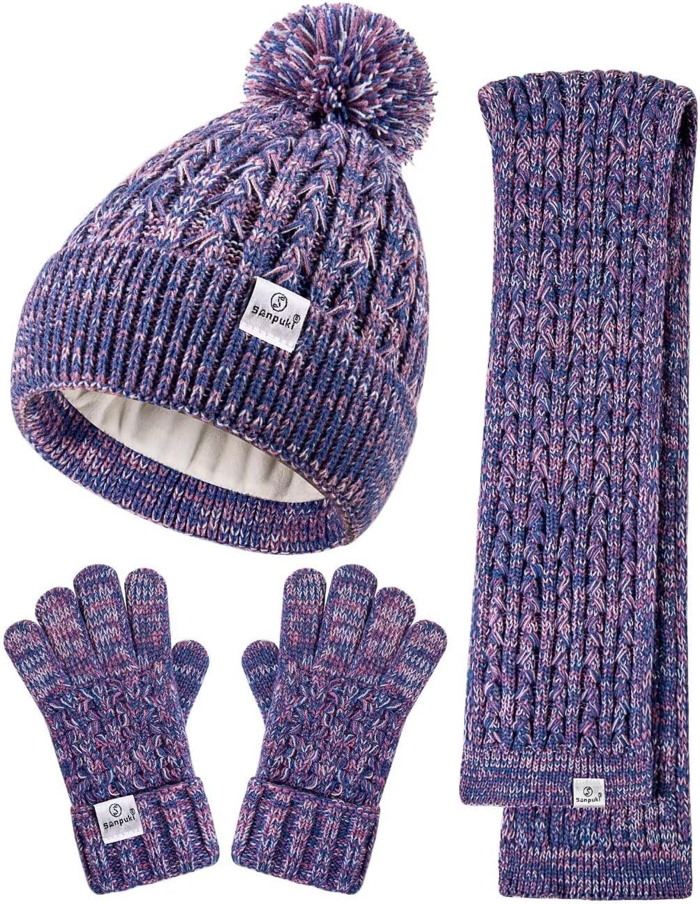 Kids Winter Hat Gloves Scarf Set,Girls Toddler Winter Hat Beanies with Pom Neck Warmer Gaiter Mittens Fleece Lined Set Christmas Gift for Kids（Purple Mix）