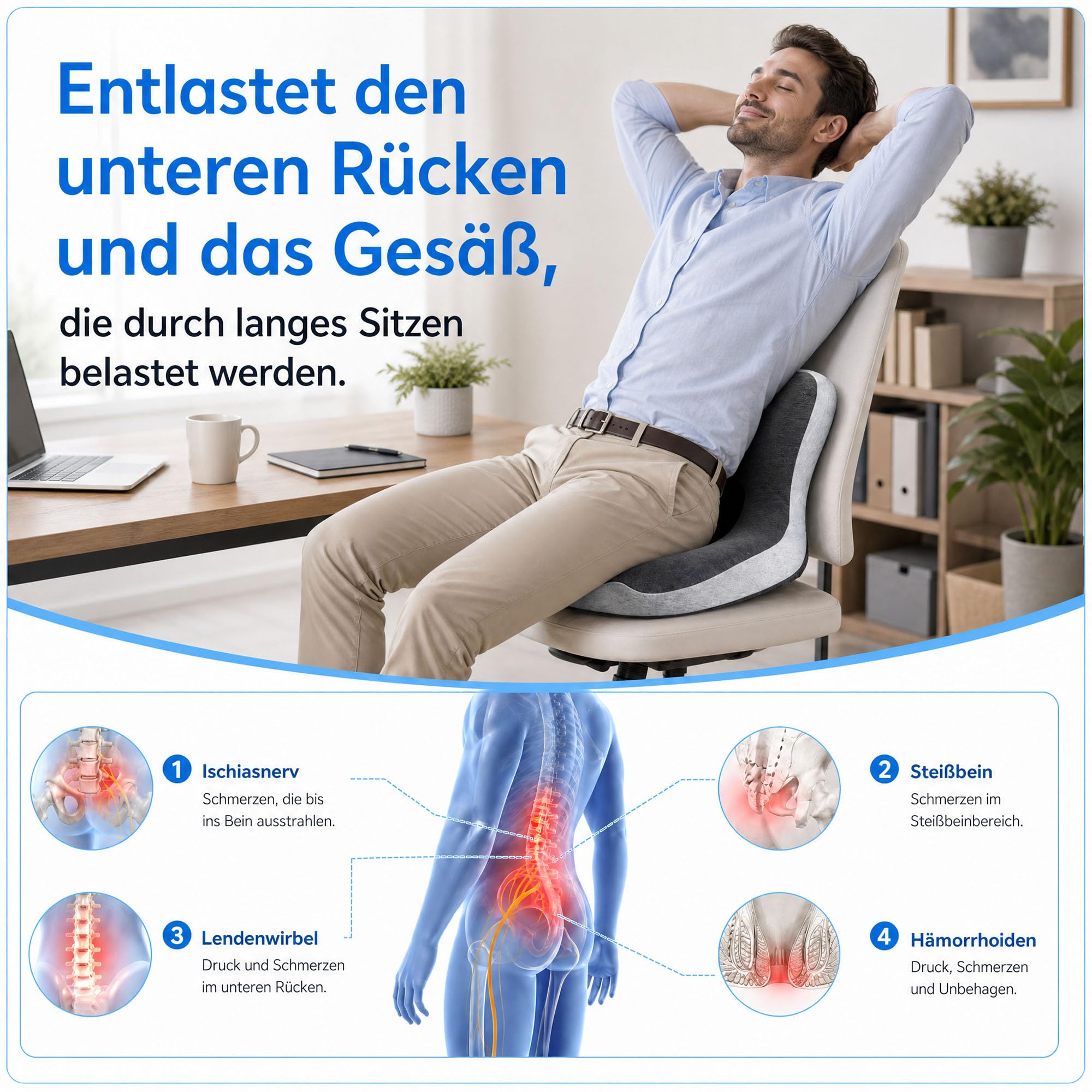 Urban Deco Orthopädisches Sitzkissen mit Rückenlehne, L-förmiges ergonomisches Sitzkissen aus Memoryschaum für Bürostuhl, Auto, Rollstuhl, rückenschonende Wirbelsäulenstütze, Dunkelgrau,1PCS