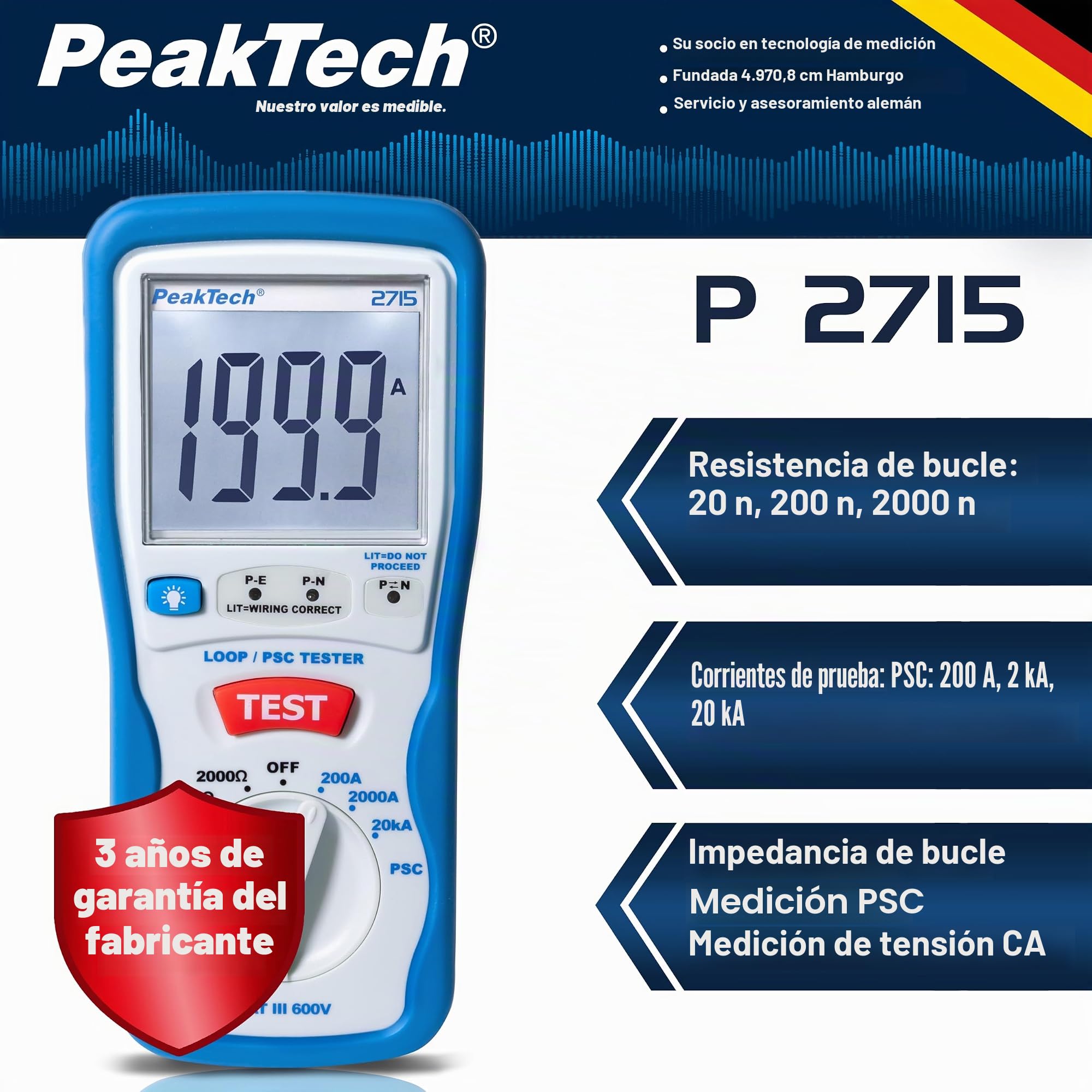 PeakTech 2715 – Probador digital de lazo PSC con pantalla LCD, probador para mediciones de impedancia, amperímetro de cortocircuito, fusible de circuito, carcasa aislada - CAT III 600 V