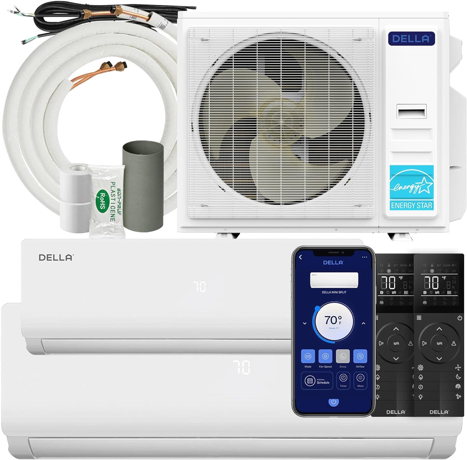 DELLA 35K BTU ODU 19 SEER2, 2 Dual Zone 12000 24000 BTU Mini Split AC,Energy Efficient, Work with Alexa and Wifi, 208-230V Cools Up to 2050 Sq.Ft Ductless Pre-Charged Heat Pump, 16ft Installation Kit
