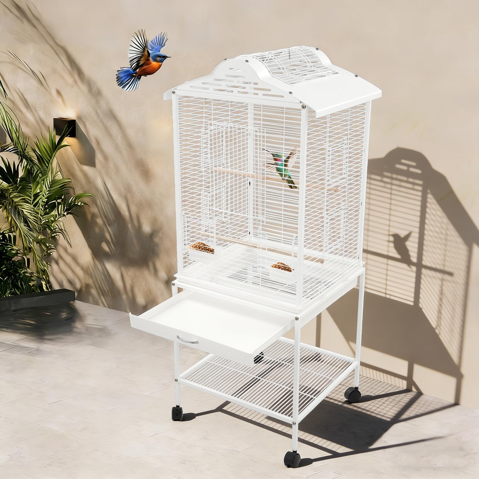 Vogelkäfig Wellensittich Groß mit Rollen 122 cm, Voliere für Sittiche & Papageien, Freisitz Dachöffnung, Herausziehbare Schublade, Futternäpfe, Vogelvoliere Innenraum mit Ablagefach, 48 × 46 × 122 cm