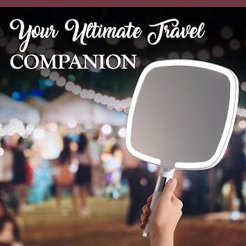 MIRRORVANA Lighted Travel Hand Mirror with Comfy Handle and Detachable Stand - Portable, Thin and Lightweight Design - Rechargeable with 3 LED Light Settings - 9 x 13 (White)