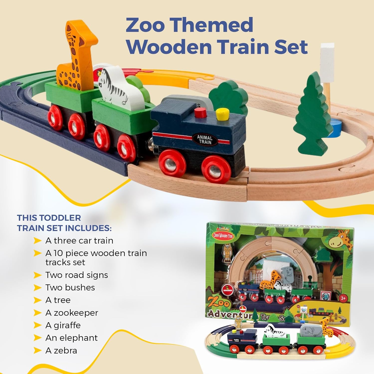 OWT Wooden Zoo Adventure Train Set for Toddlers – 22 Piece Wooden Train Track Set with Animals | Educational Montessori Toy for Kids Ages 3-8 | Fun Preschool Learning & Toddler Play Set - Image 2