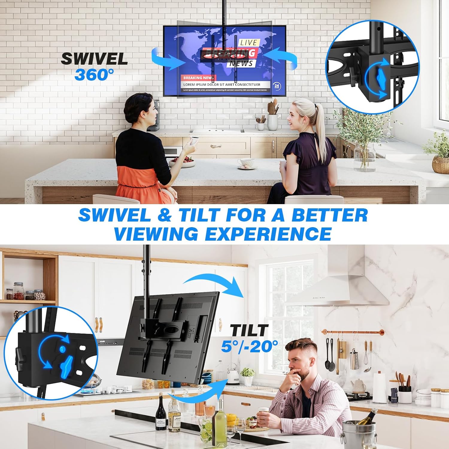Ceiling TV Mount for 32-65 Inch Flat or Curved TVs, Full Motion Adjustable TV Bracket with 360°Swivel, Max VESA 400x400mm, Tilt Hanging TV Mount Holds up to 110 Lbs，Fits LCD LED OLED 4K Plasma TVs