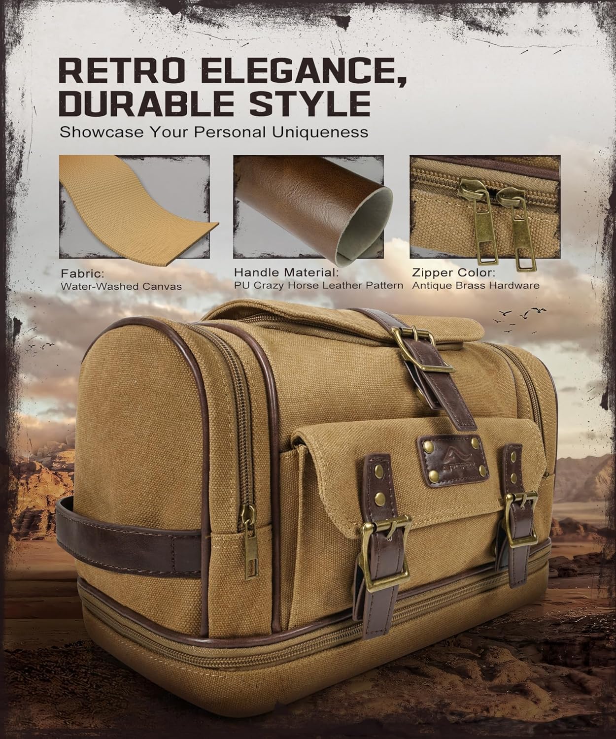 ARCFOX Travel Hanging Toiletry Bag for Men, Vintage Canvas Large Toiletry Bag with 7 Compartments, Camping Gym Travel Toiletry Kit Organizer with PVC Wet & Dry Pockets, Personalized Wash Bag, Brown - Image 9