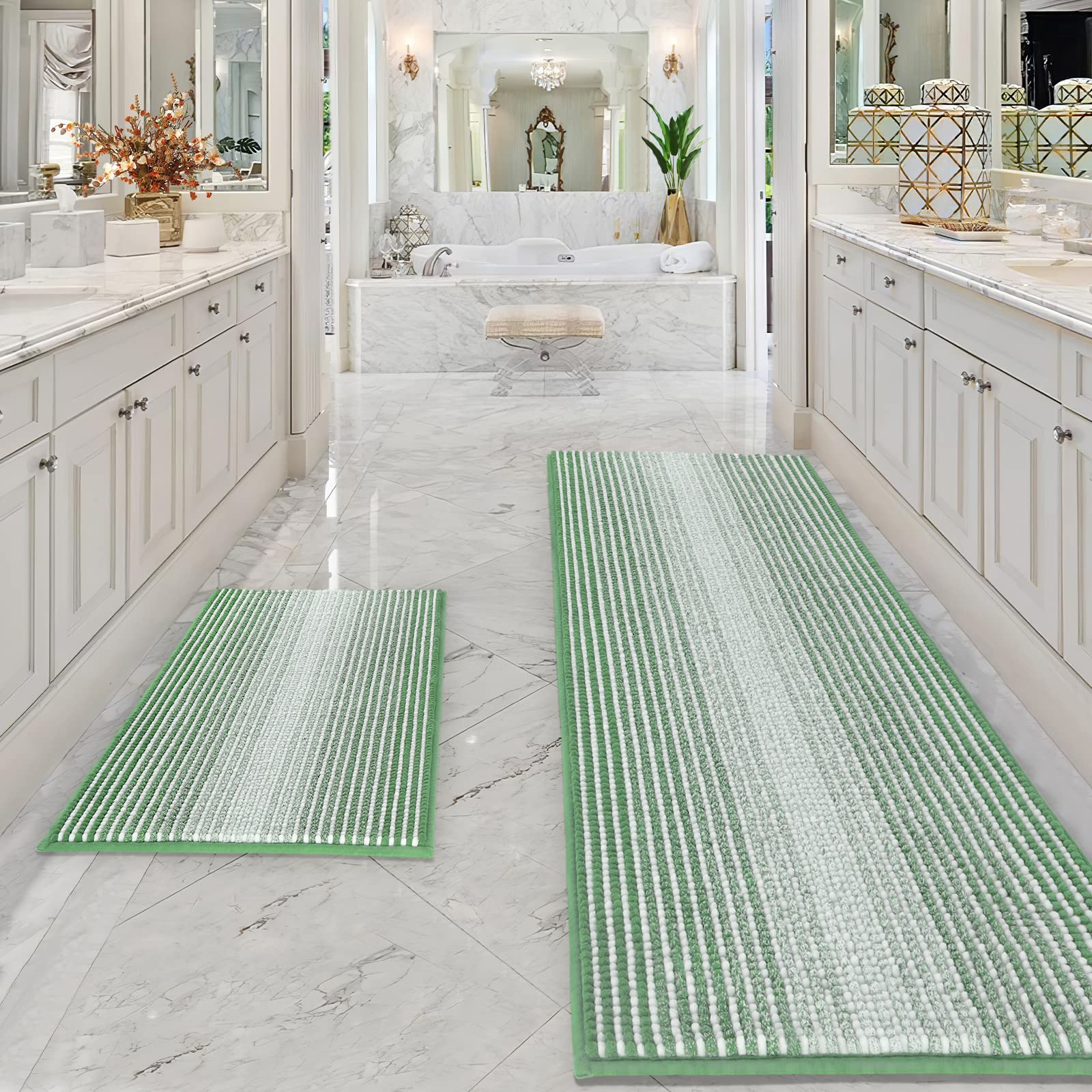 Bathroom Rugs and Mats Sets, 2 Piece Thick Absorbent Chenille Bath Mat Rug Set Non Slip, Soft Shaggy Bath Room Floor Mats for Bathroom, Machine Washable (24" x 70" Plus 20" x 32", Light Green)