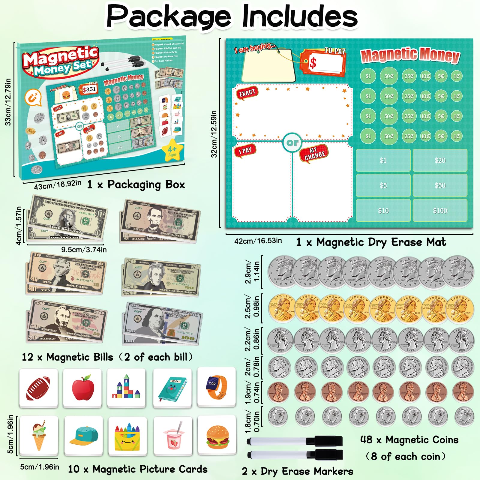 Magnetic Play Money for Kids, Fake Money for Teaching Prop Money Realistic Bills and Coins, Pretend Play Toys, Math Games for Toddlers, Learning & Education Toy Money for Classroom Homeschool Supplies