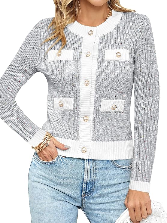 Langwyqu Womens Long Sleeve Button Down Cardigan Sweaters Cropped Open Front Tweed Jacket Fall Elegant Knit Tops
