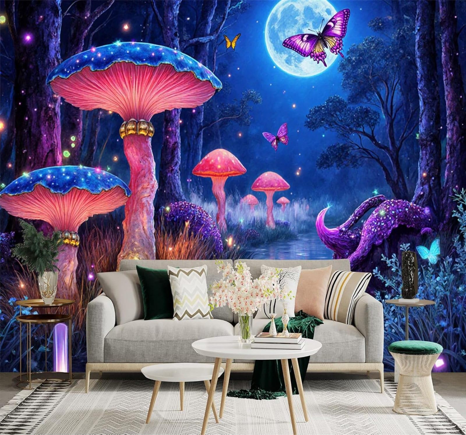 XLMING Fantasy Forest Mushrooms Butterflies River Moonlight 3D Wallpaper Silky Texture Home Study Office Grey Dining Room Sofa Bedroom Living Room TV Backdrop-300cm×210cm