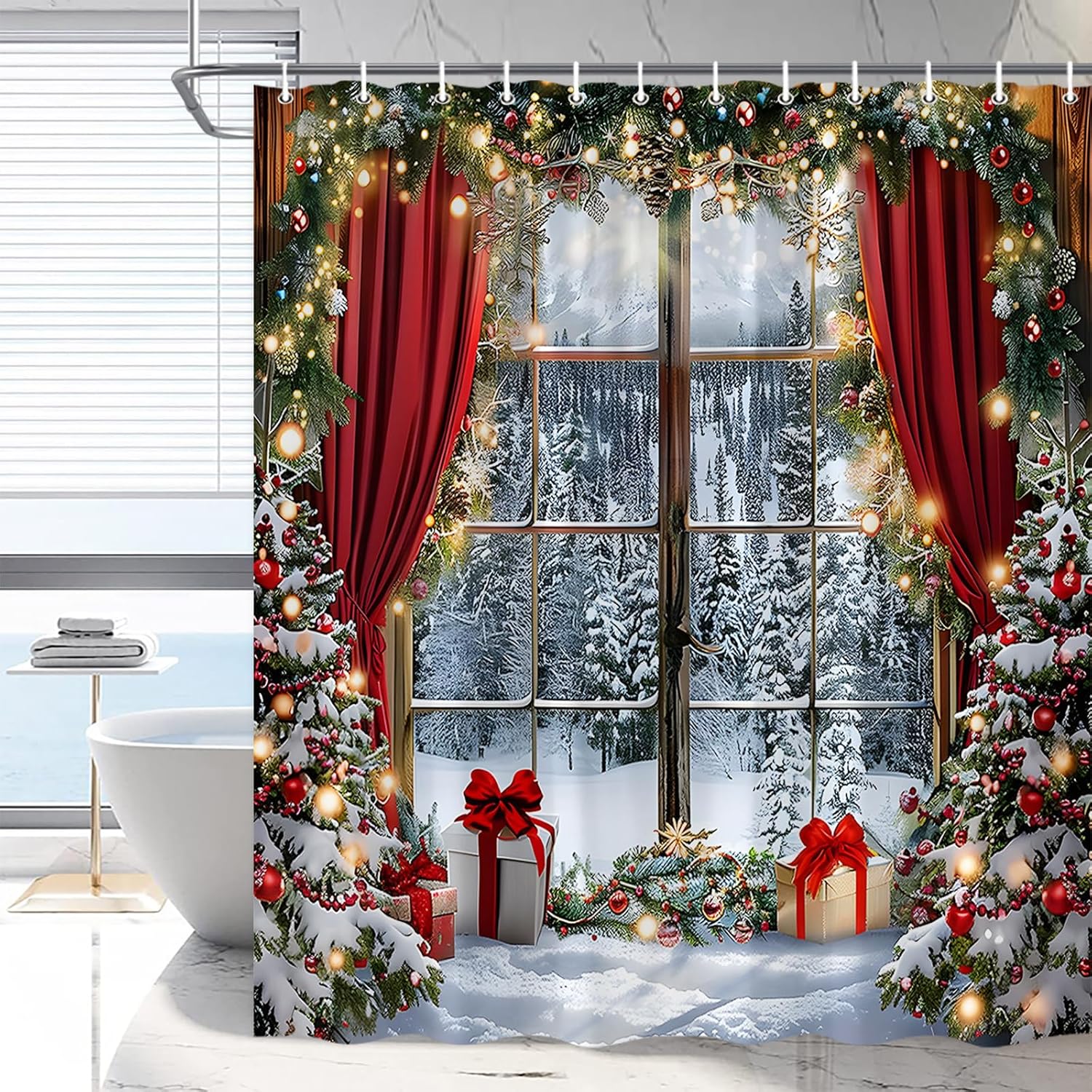 Christmas Snowy Shower Curtain Xmas Tree Winter Forest Pine Vintage Rustic Landscape Holiday Bathroom Decor Polyester Fabric with Hooks