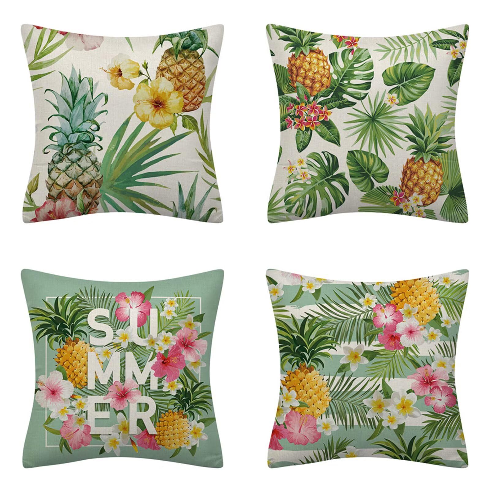 Juego de 4 Impermeable Funda de Cojín Frutos de plantas tropicales,65x65cm Moderno Suave Transpirables Lino Fundas de Almohada Cojines Decor con Cremallera Oculta para Exterior Sofá Cama Coche Hogar