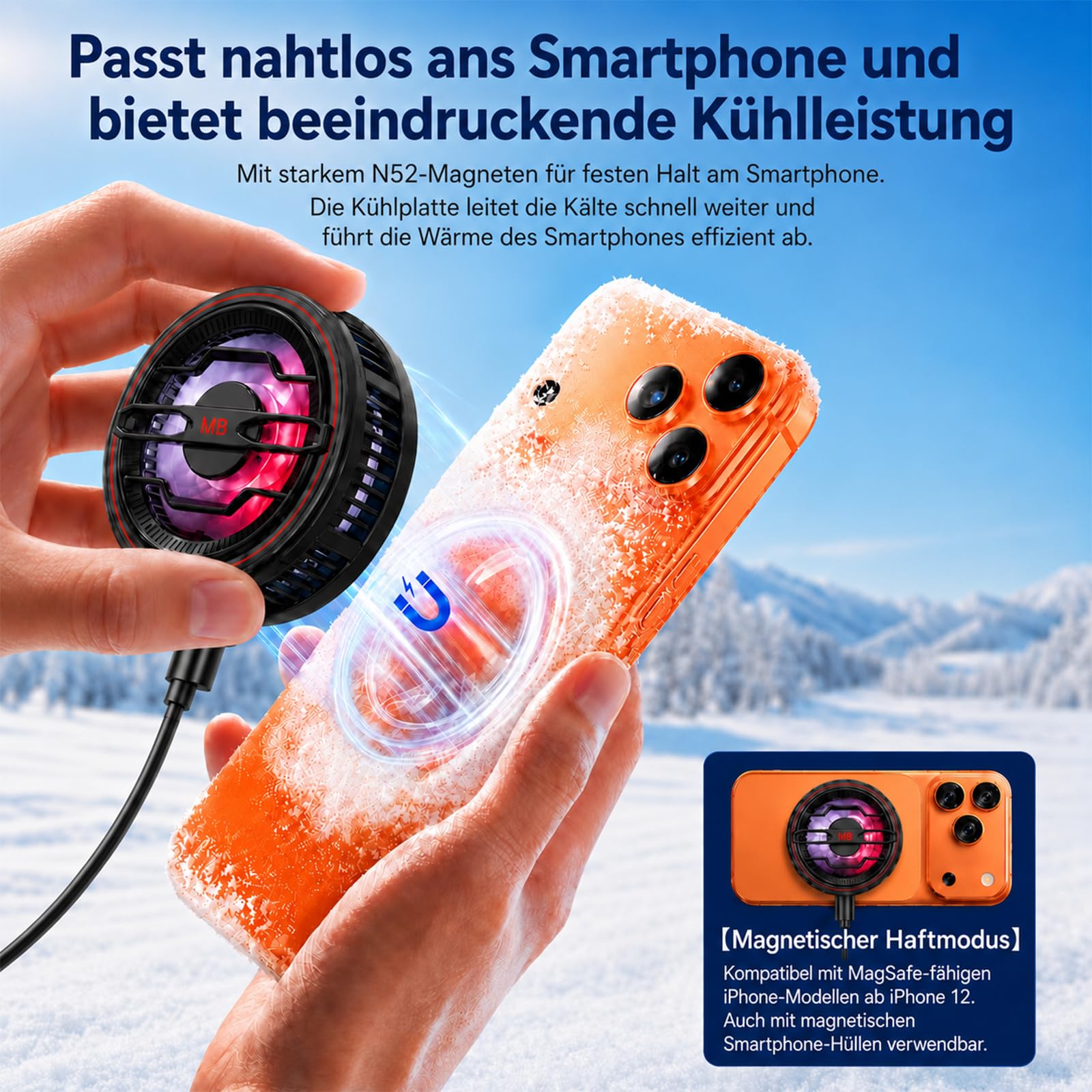 Refroidisseur magnétique pour téléphone portable, RVB, chargement sans fil