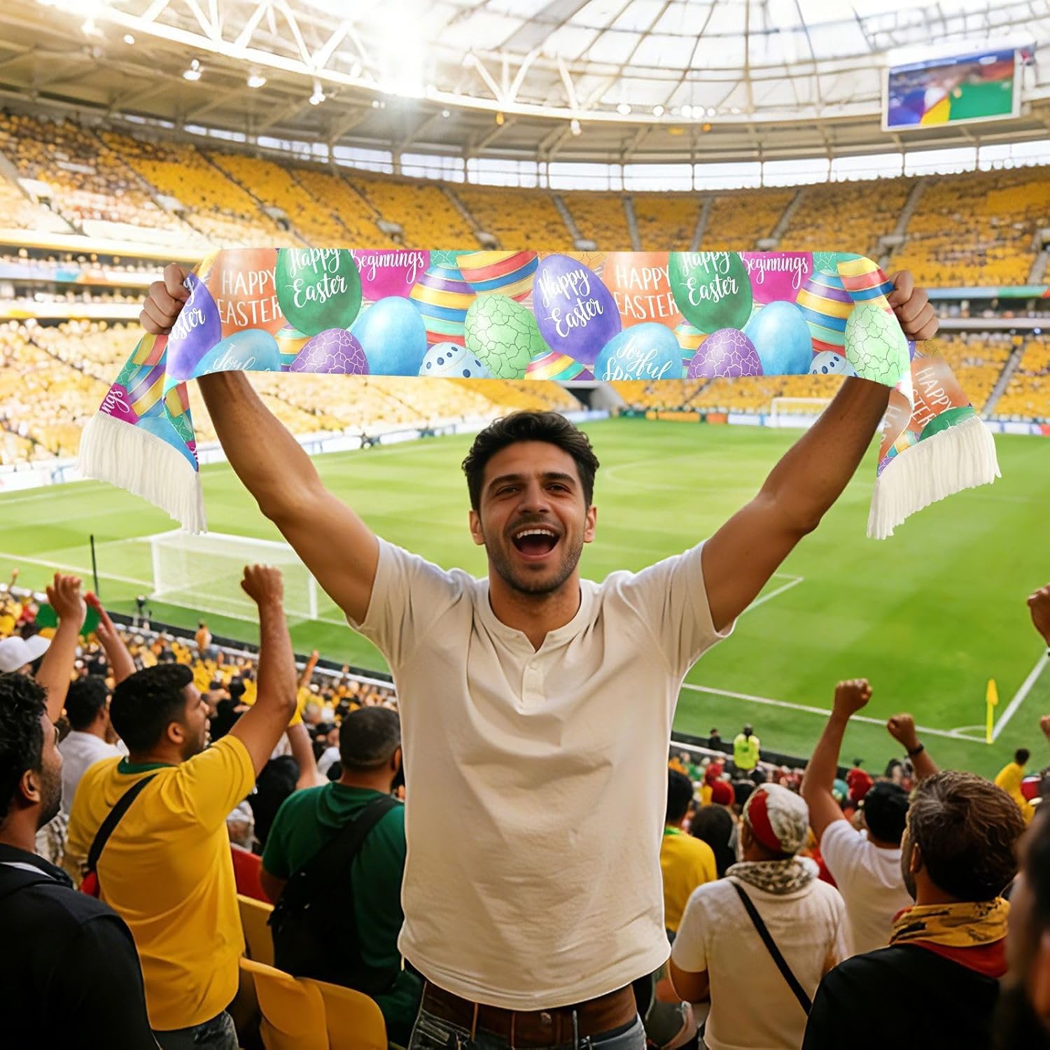 CHIFIGNO Colorful Easter Eggs Sports Fan Scarf Towel, Soft Polyester Sweat Wipe Cheering Scarf for Soccer Games, Quick Dry with Fringe Ends