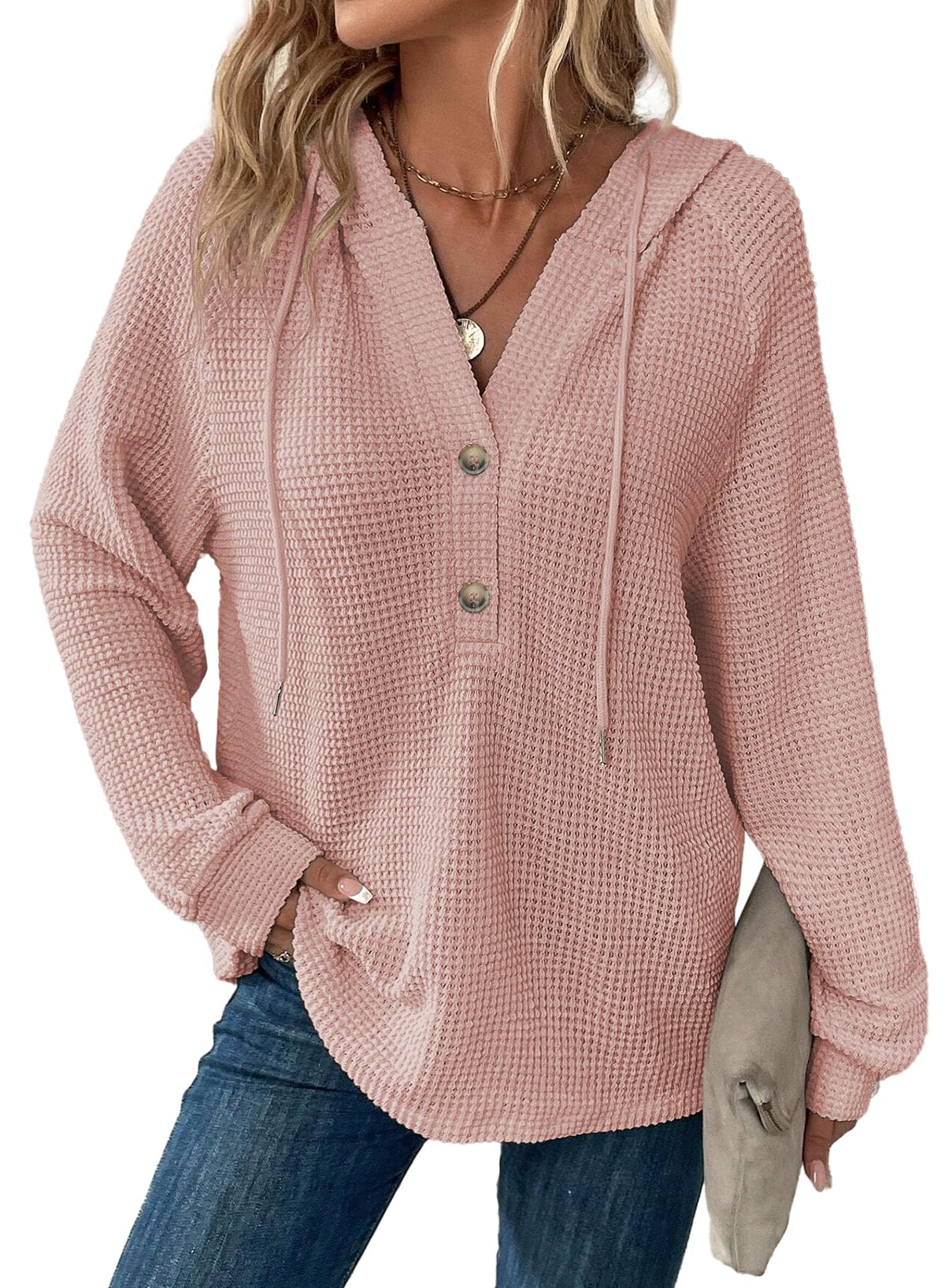 Dokotoo Hoodies for Women Waffle Knit Button V Neck Casual Sweatshirt Tops