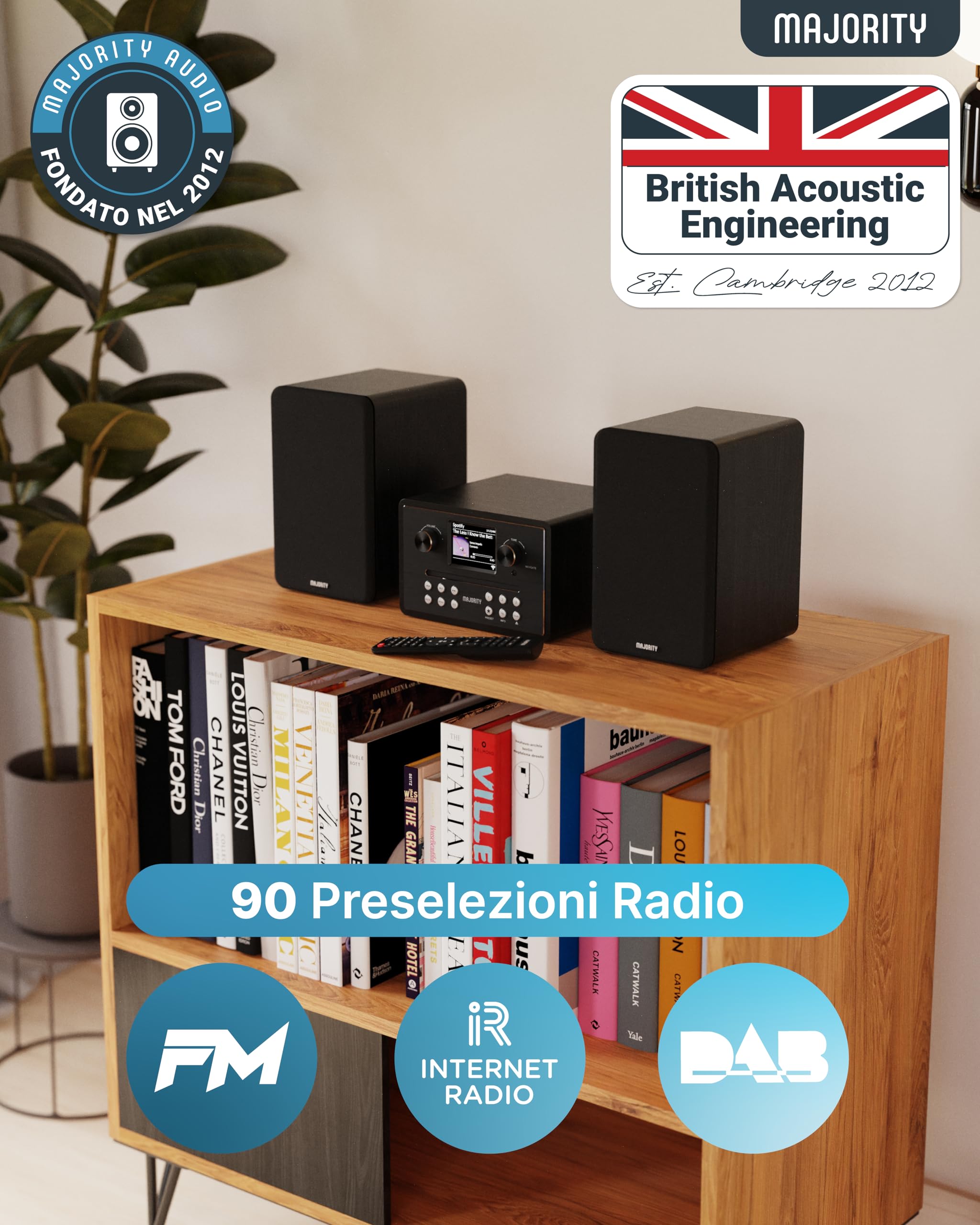 MAJORITY Homerton HiFi Impianto Stereo Casa Radio DAB/DAB+ FM Internet Radio Lettore CD Bluetooth 5.3 WiFi Dual Band Spotify Connect