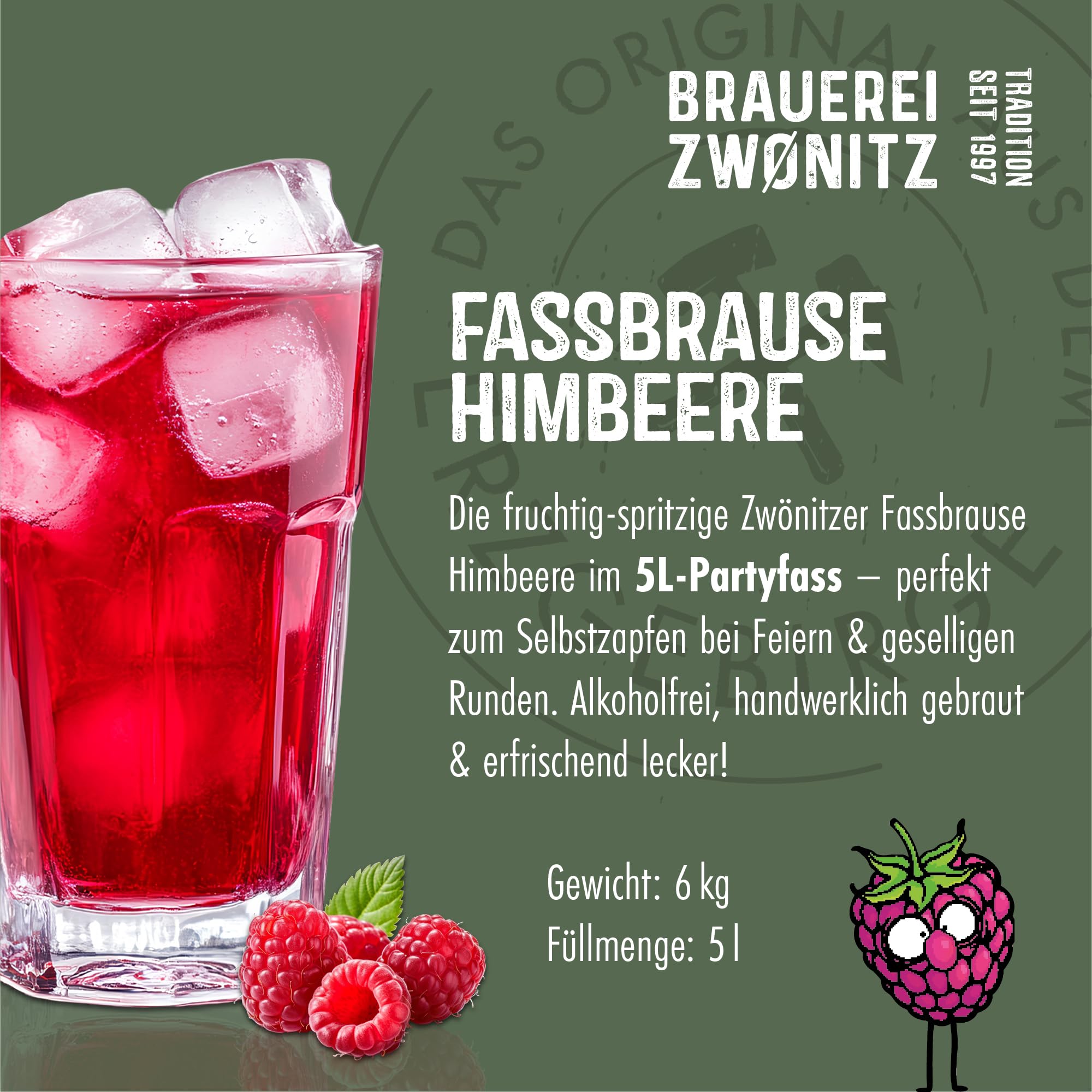 Brauerei Zwönitz Fassbrause Himbeere 5 Liter Partyfass - Himbeer Brause - Erfrischende Brause Limo aus Sachsen