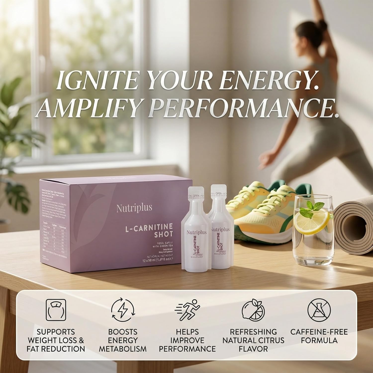 FARMASi Nutriplus L Carnitine Shot Drink, 1500 mg L Carnitine with Green Tea Extract and Vitamin B6, Citrus Flavor, Sugar Free Caffeine Free, 12 x 50 ml