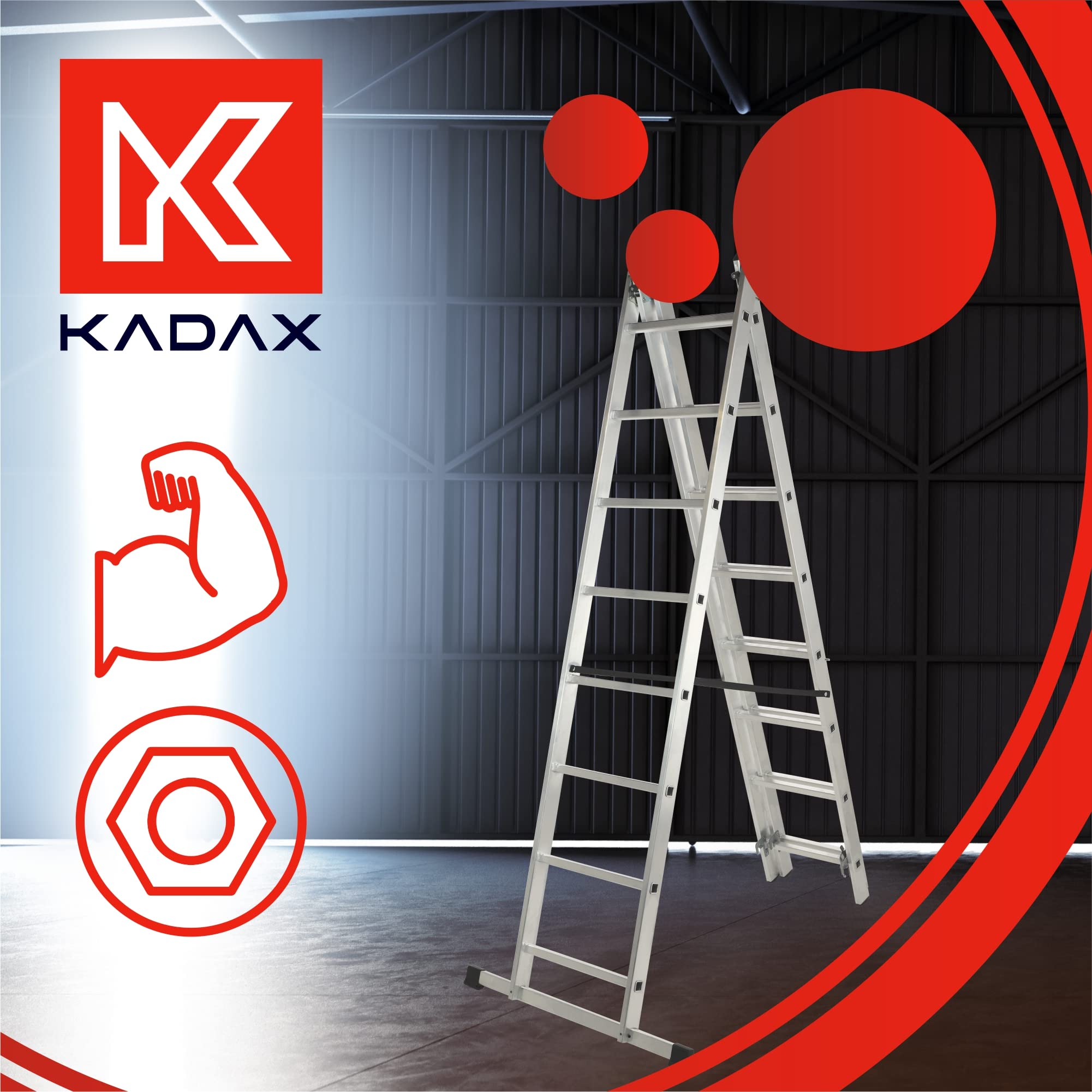 KADAX Échelle Transformable de 3 Plans, Échelle Coulissante en Aluminium, Échelle Double pour Travaux Domestiques et Professionnels (8 Marches)