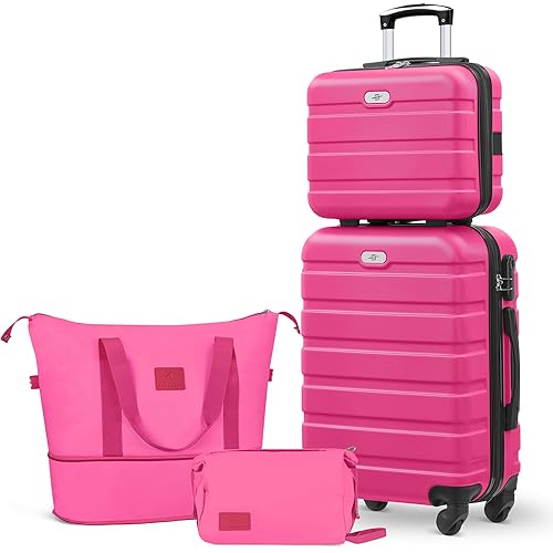 Suitour Carry On Luggage Set 22x14x9 Airline Approved Luggage Sets 4 Piece, ABS Hardside 20inch Suitcase with 360°Spinner Wheels Lightweight Travel Suitcase Sets(Rose Red)