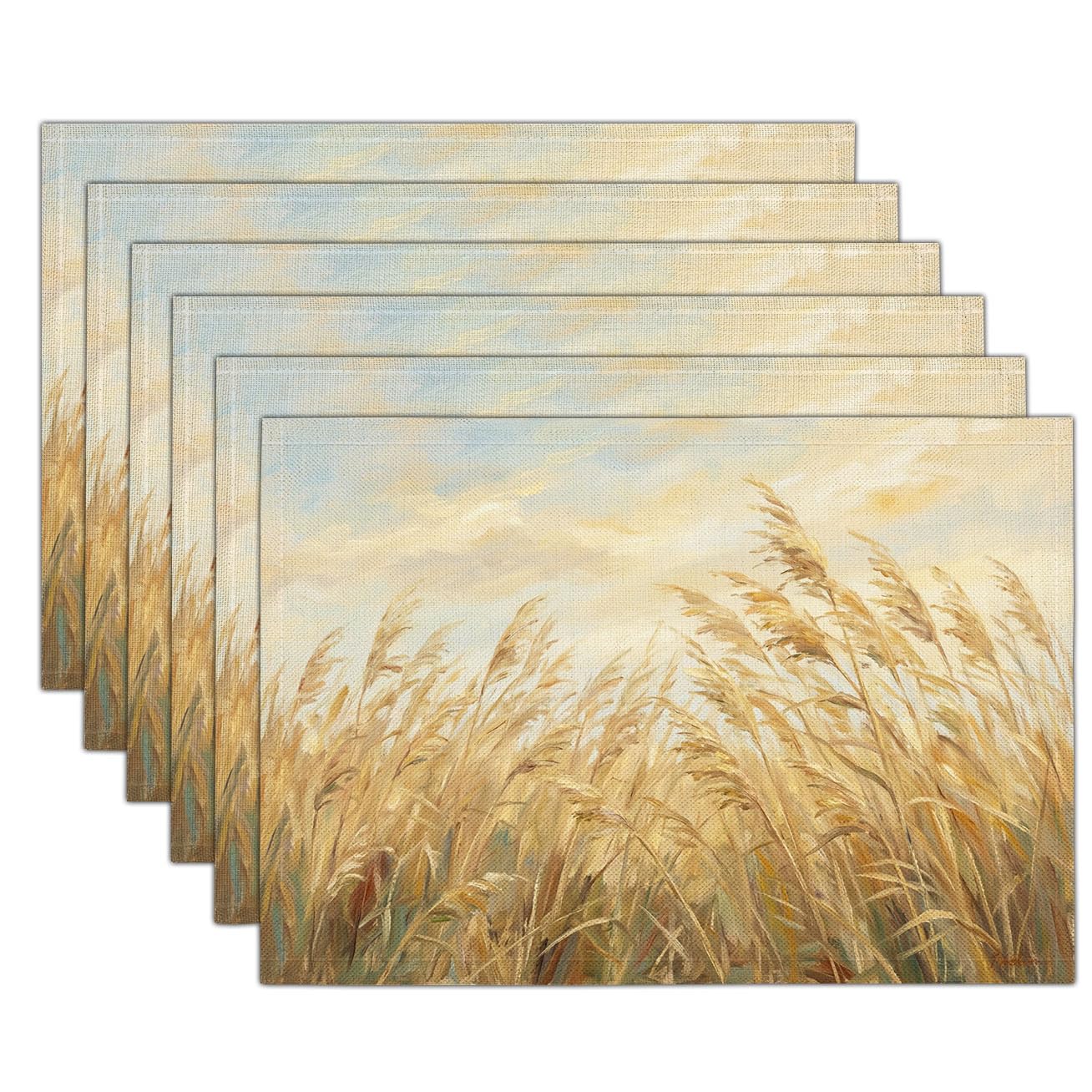 Peinture à l'huile de paysage vintage sur ce lot de 8 sets de table roseaux beiges