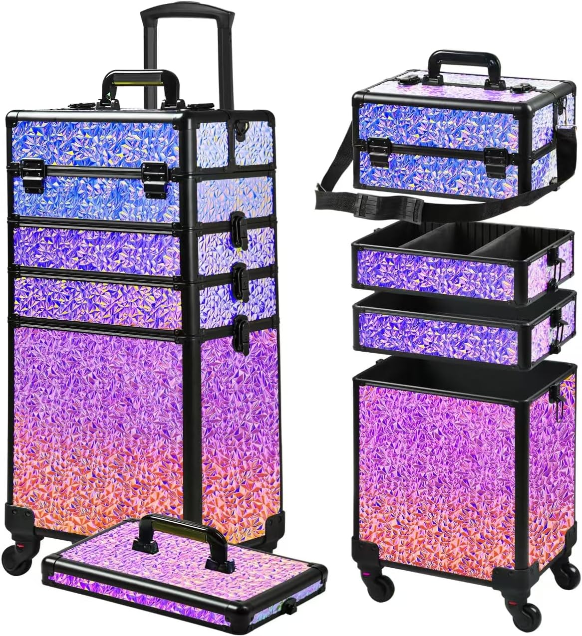 Somduy Rolling Makeup Case, Makeup Train Case with Lid, 5 in 1 Cosmetology Case on Wheels, Christmas Gift, Large Makeup Organizers, Profesional Cosmetic Case for Salon Barber, Vibrant Purple