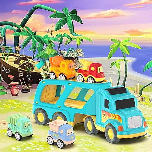 Miniatura 3 de Veslier Camiones de Juguete para Niños de 2, 3, 4, 5 Años, Camiones de Construcción y Transporte para Niños Pequeños de 2-4 Años con 4 Coches de