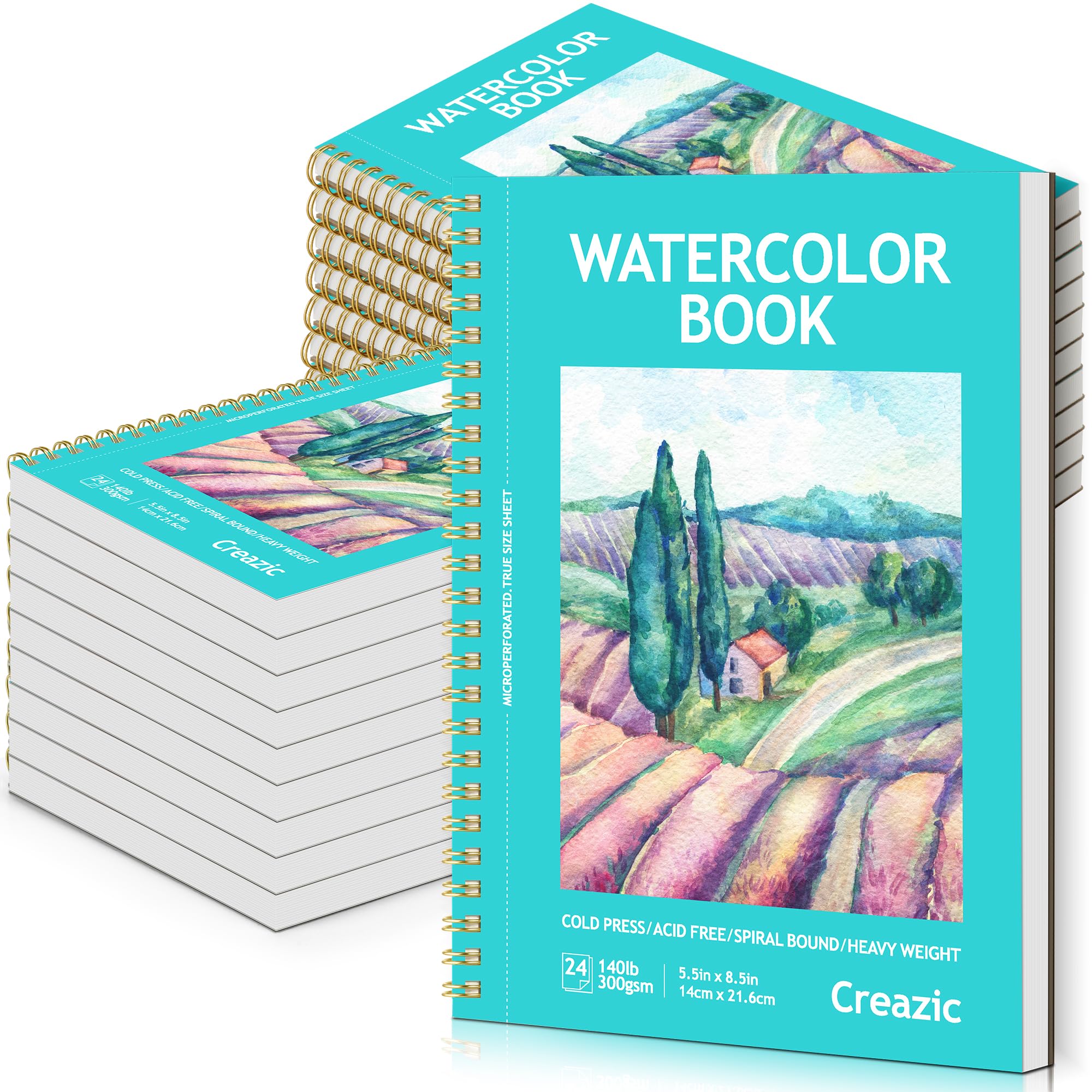 Creazic Lot de 20 blocs de papier aquarelle 14 x 21,6 cm (300 g) – Reliure à spirale avec ligne facile à déchirer, journal aquarelle, carnet de croquis aquarelle pour enfants et adultes, idéal pour